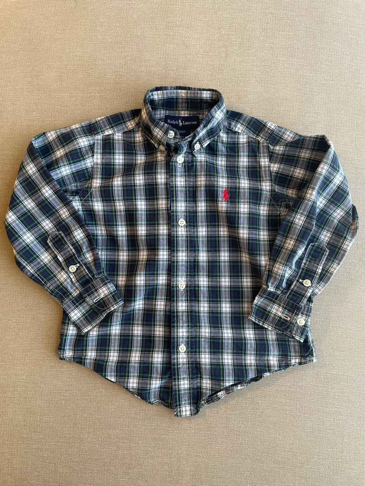 Seller #12 | Ralph Lauren | Boys Navy, Green, and White Plaid Button Down with Red Logo | EUC | Size 3T