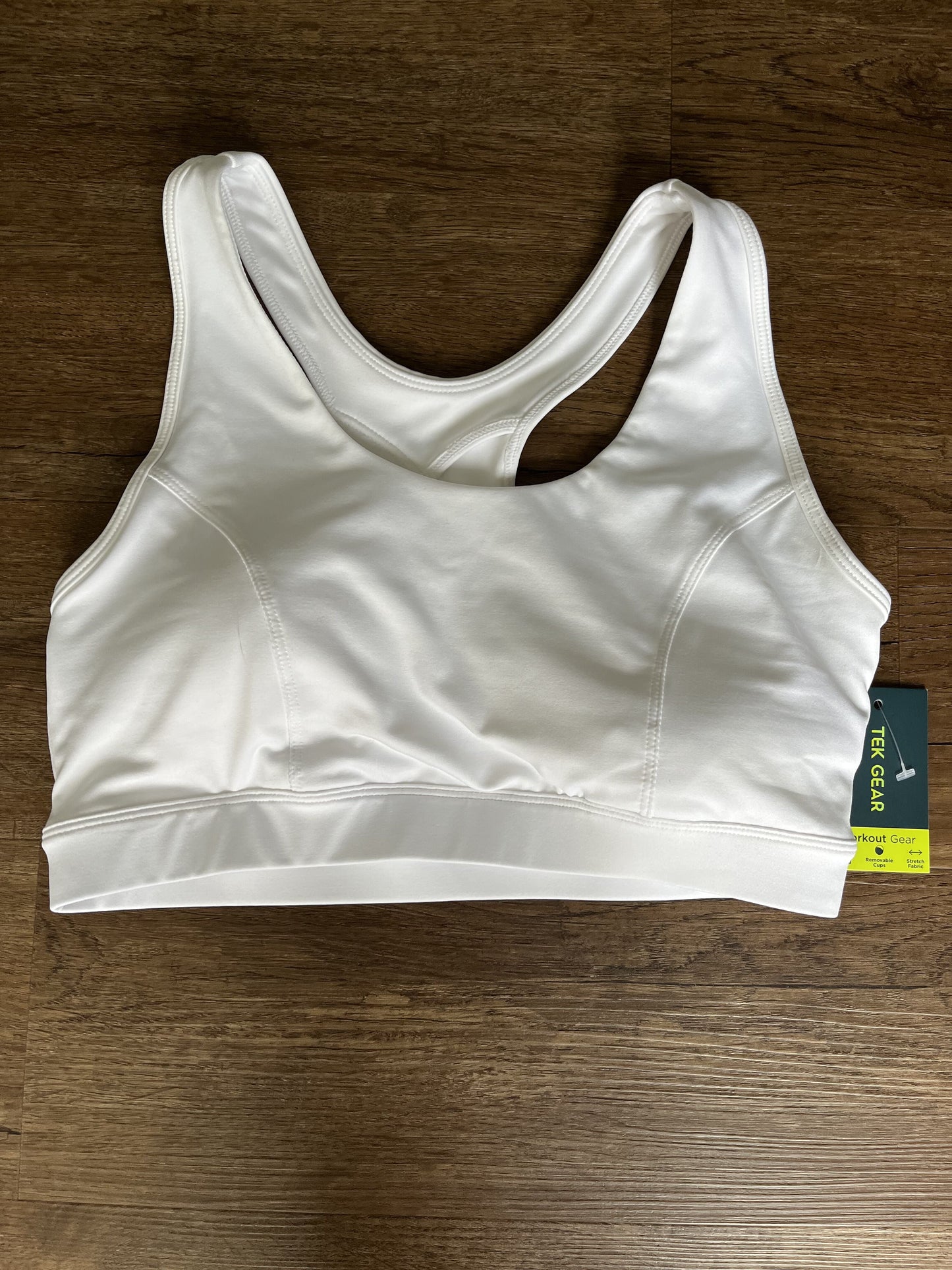 #124 NWT Tek Gear Women's White Sports Bra Size L (medium support) & removable pads