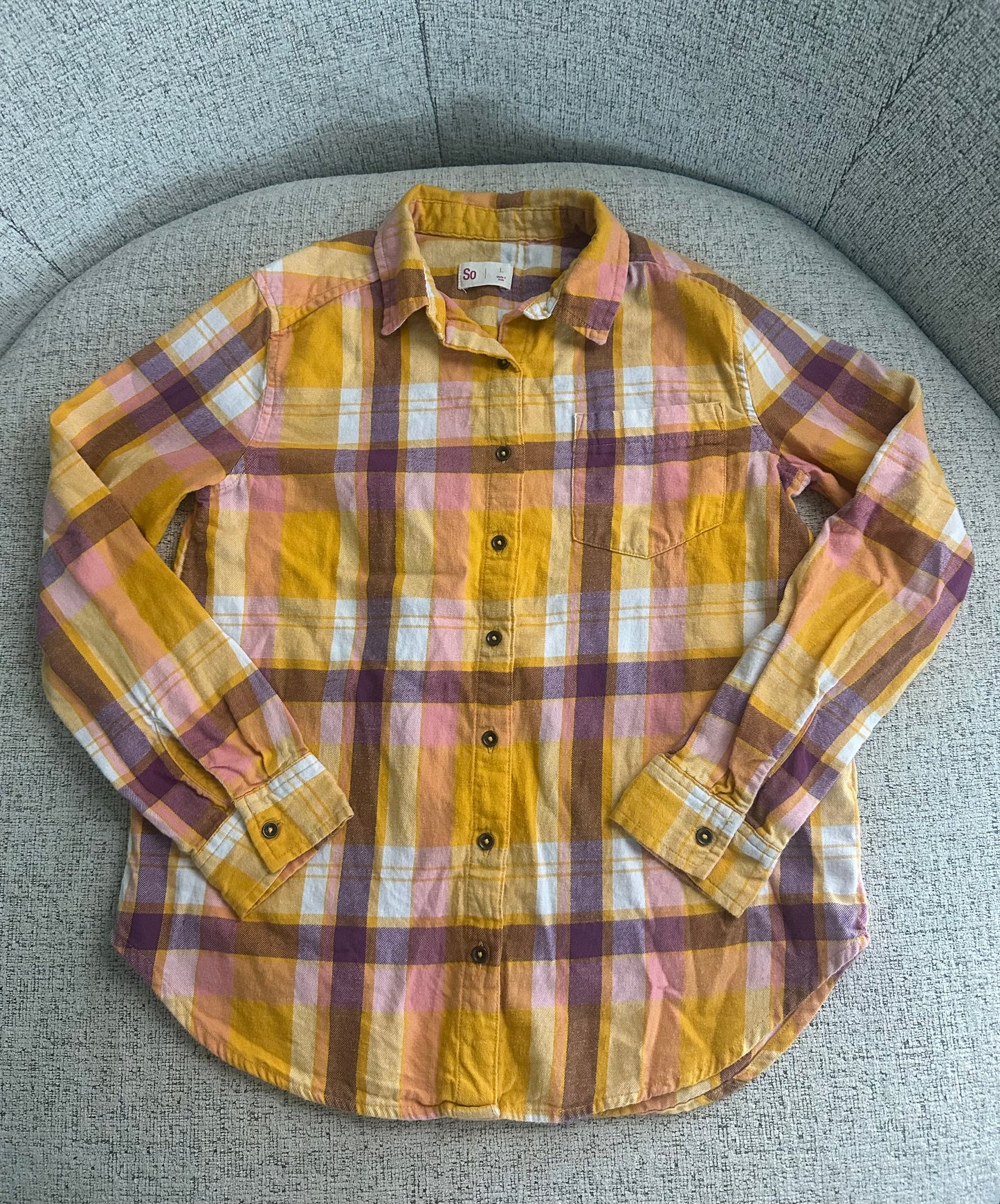 #77 EUC SO Brand Plaid Button-Up, Girls Large