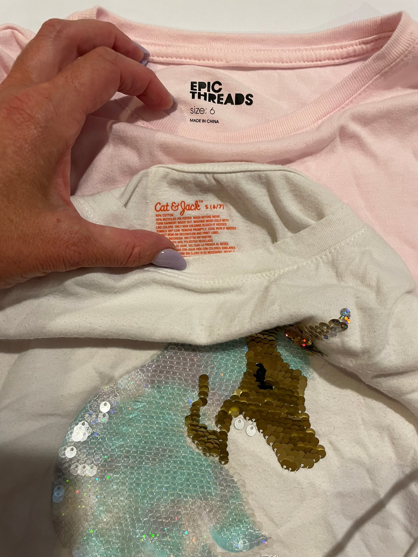 #126 Girls S (6-7) Set 2 LS Sshirts (Sequin Flip unicorn & Bird) GUC