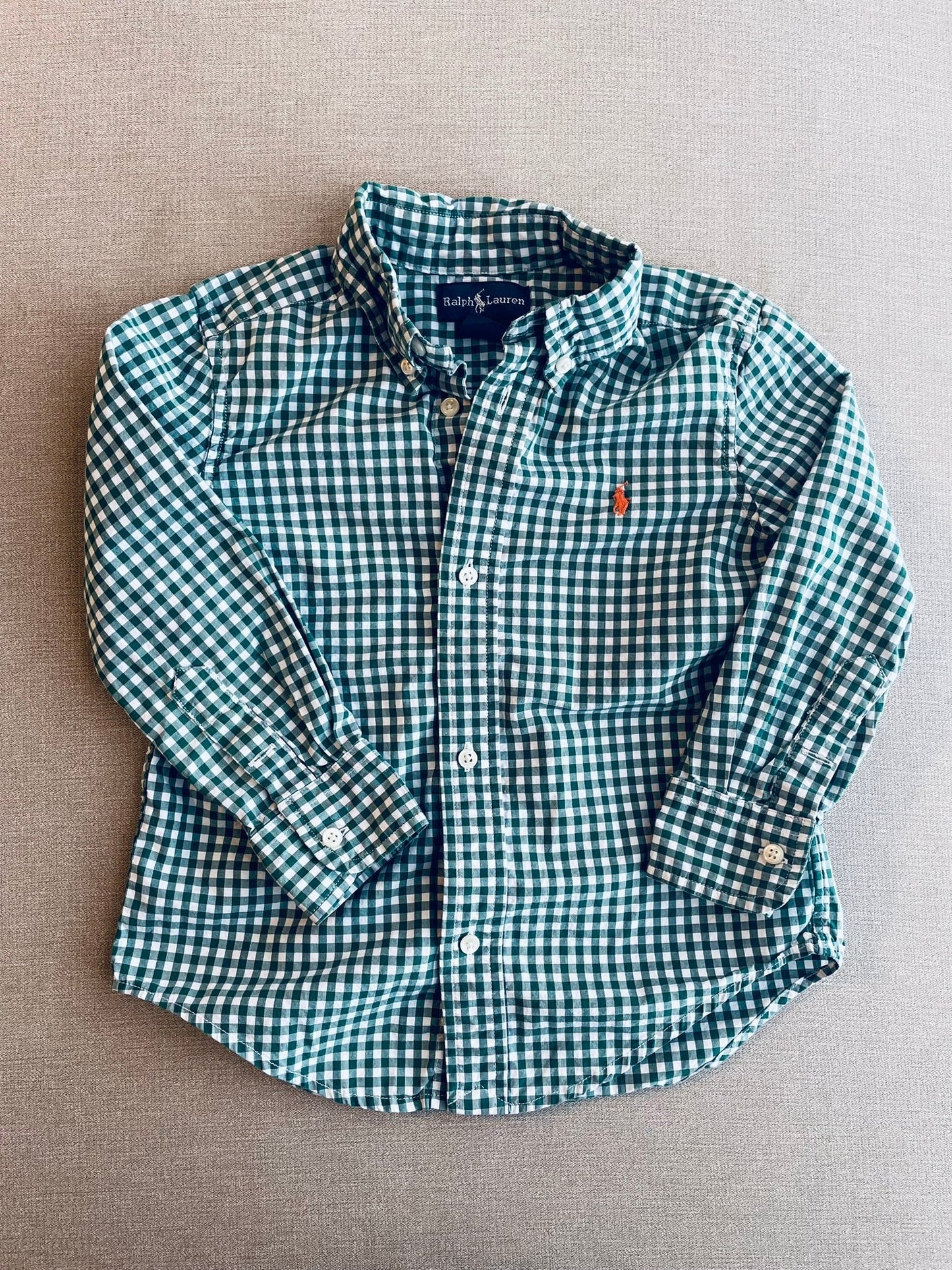Seller #12 Boys| Ralph Lauren Polo | Green and White Gingham Plaid with Orange Logo | Size 3T
