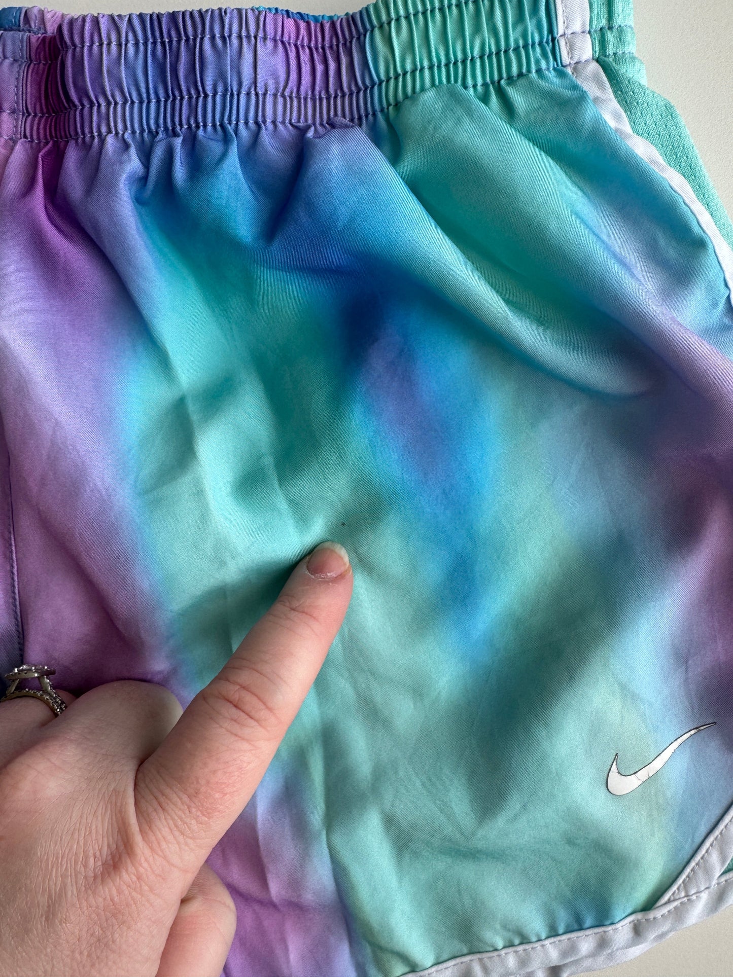#32 Nike Girl’s L dri fit running shorts, blue tie dye