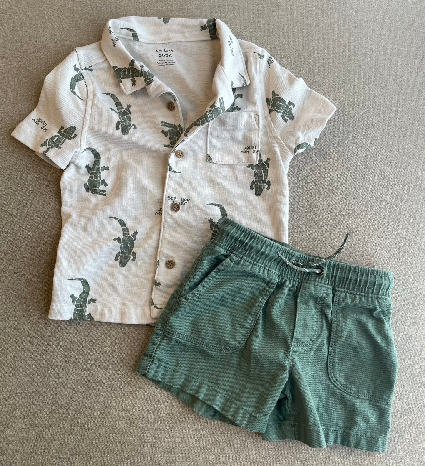 Seller #12 | Boys | Carters Soft, Lightweight Fabric Outfit | Light Beige Shirt with Green Alligator and the Matching Green Shorts | Size 3T