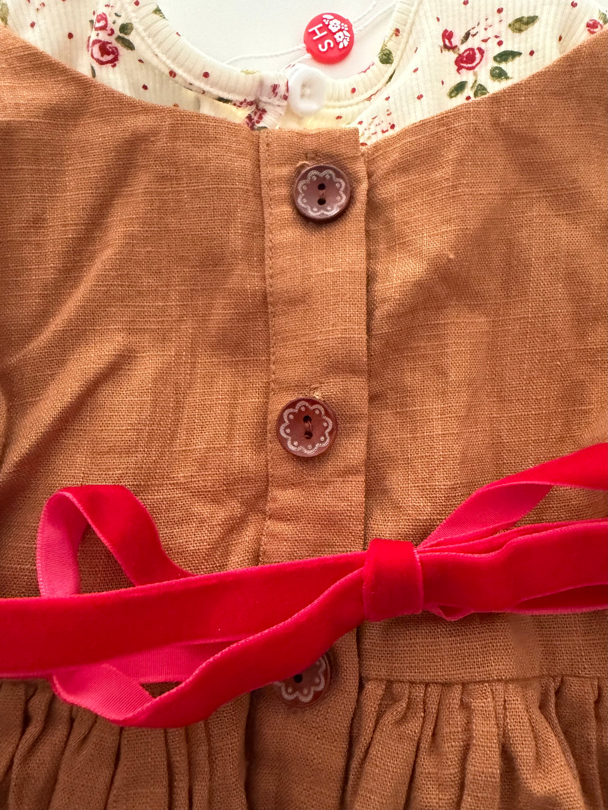 #117, Girls 18M, SweetHoney brown linen pinafore and cream floral shirt, New