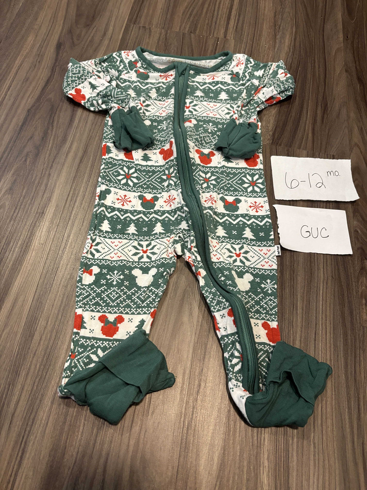 #138 - 6-12 Mo GUC Bamboo (Little Sleepies) Disney Fair Isle Green Zippy