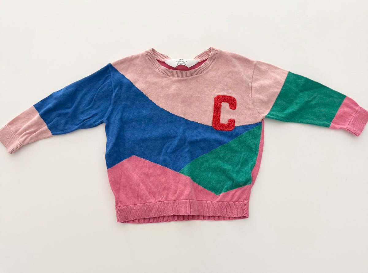 #117, Girls 2T, H&M pink color block ‘C’ sweater, GUC