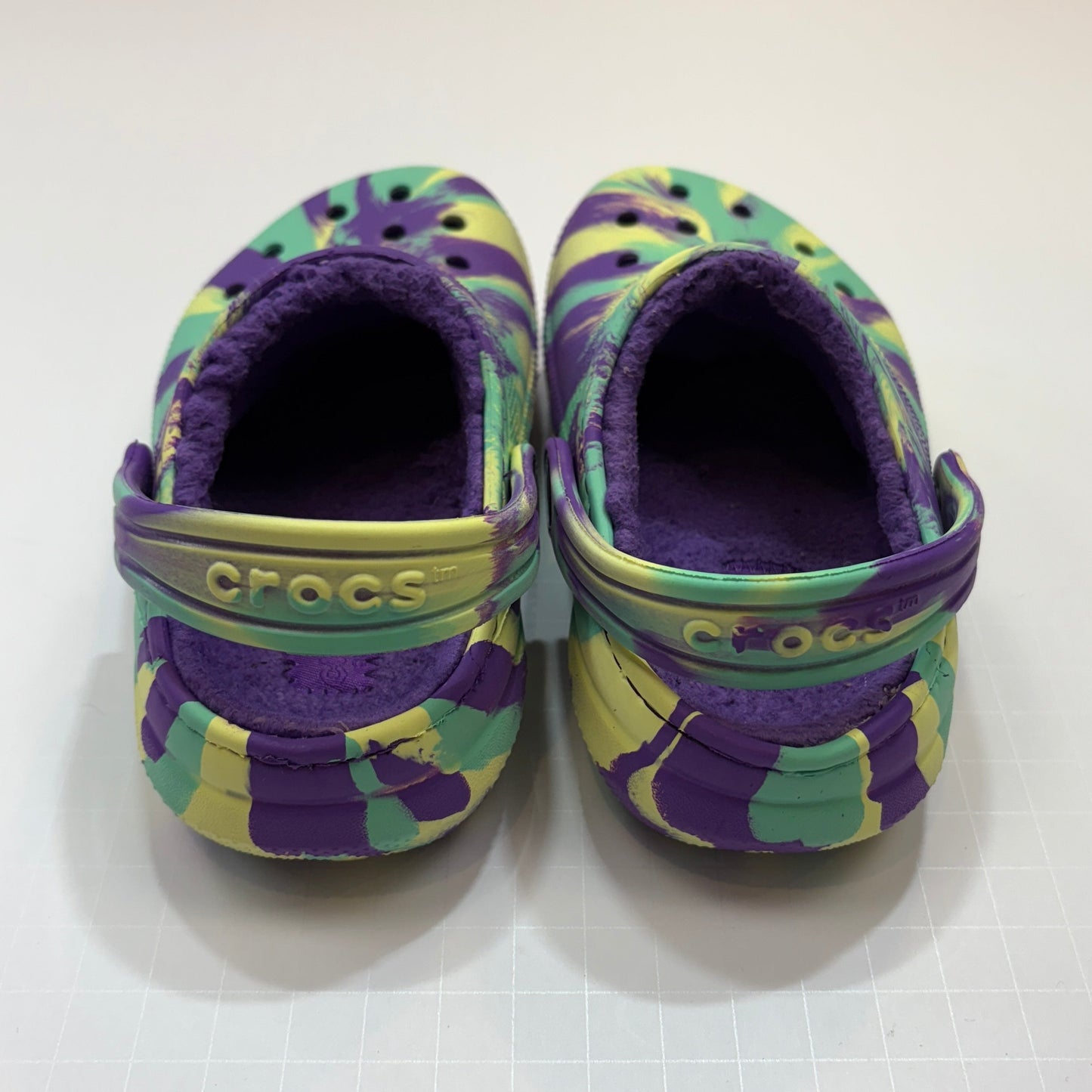 Seller 189 Girls Size 10 Green/Purple Lined Crocs Clogs GUC