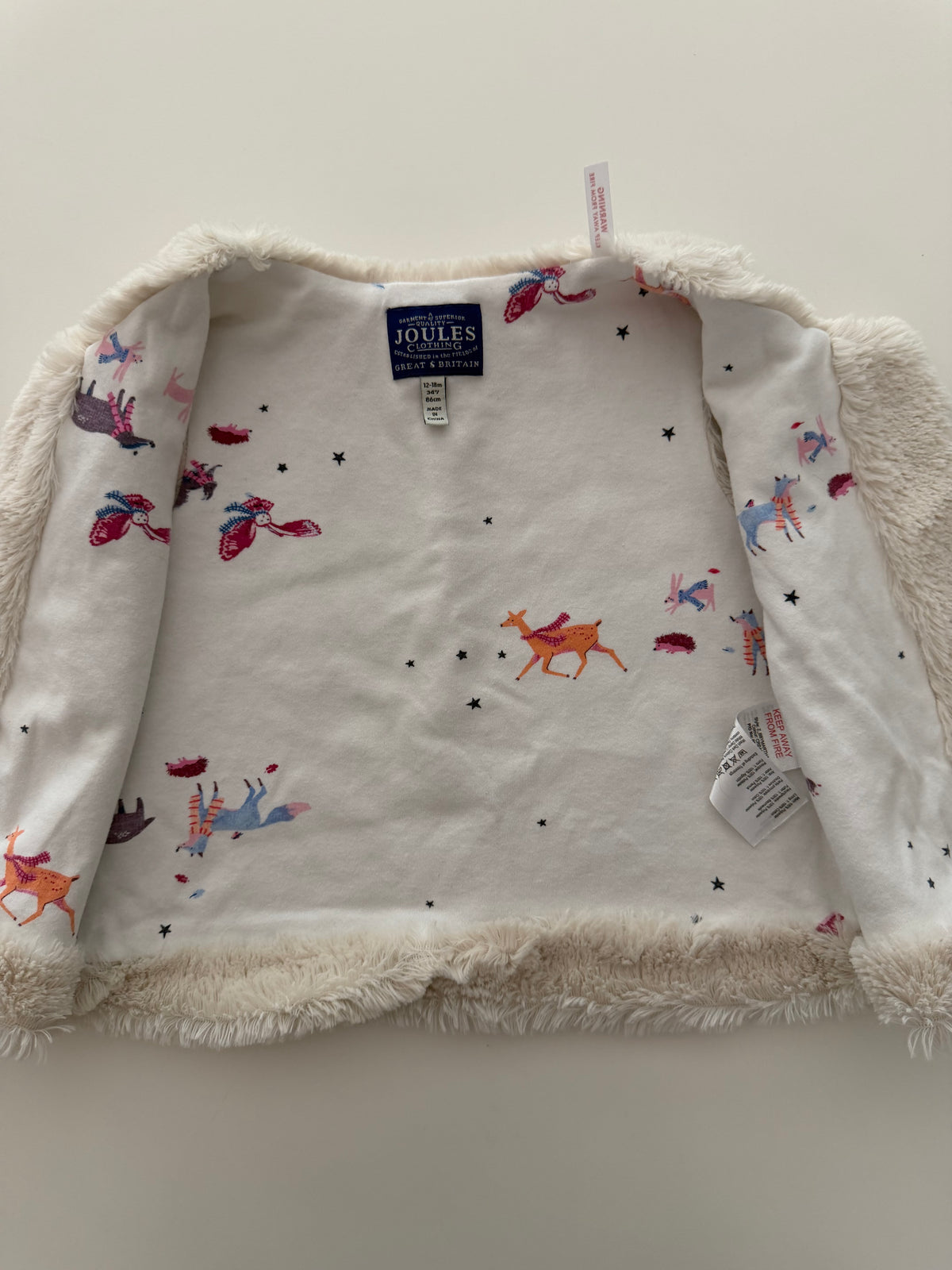 #117, Girls 18M, Joules white fur vest, VGUC