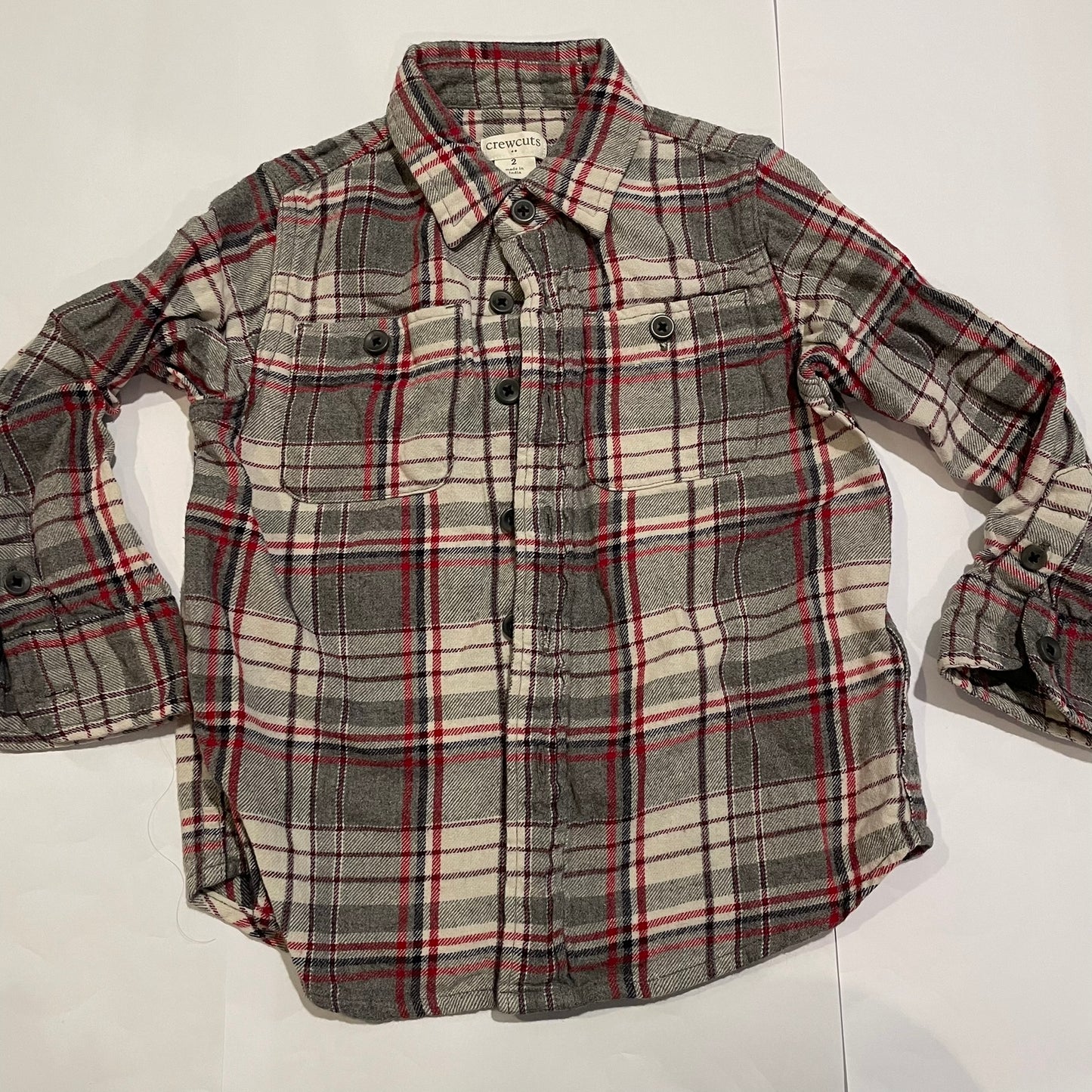 #126 Boys Crewcuts 2T LS Flannel Button Down Gray/Wht/Rd EUC