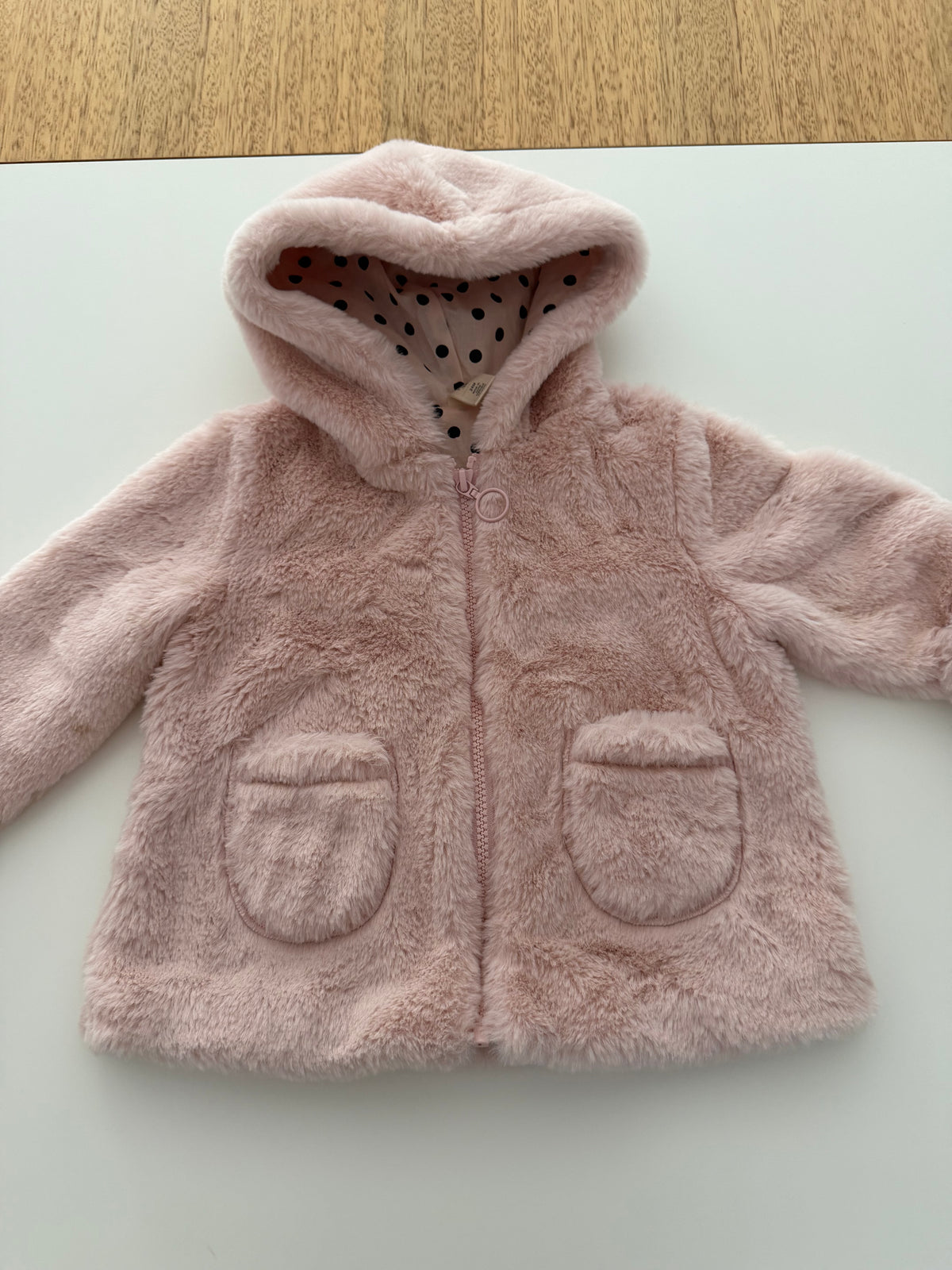#117, Girls 24M, Tucker + Tate pink fur coat, polka dot liner, EUC