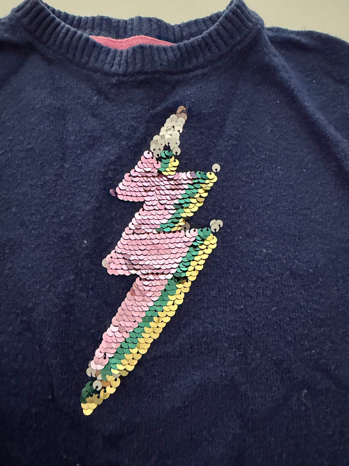 #117, Girls 4T, Boden navy sequin lightning bolt sweater, GUC