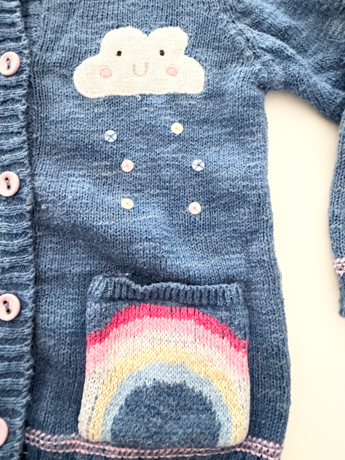 #117, Girls 18M, Baby M&Co blue cloud & rainbow button down sweater, GUC