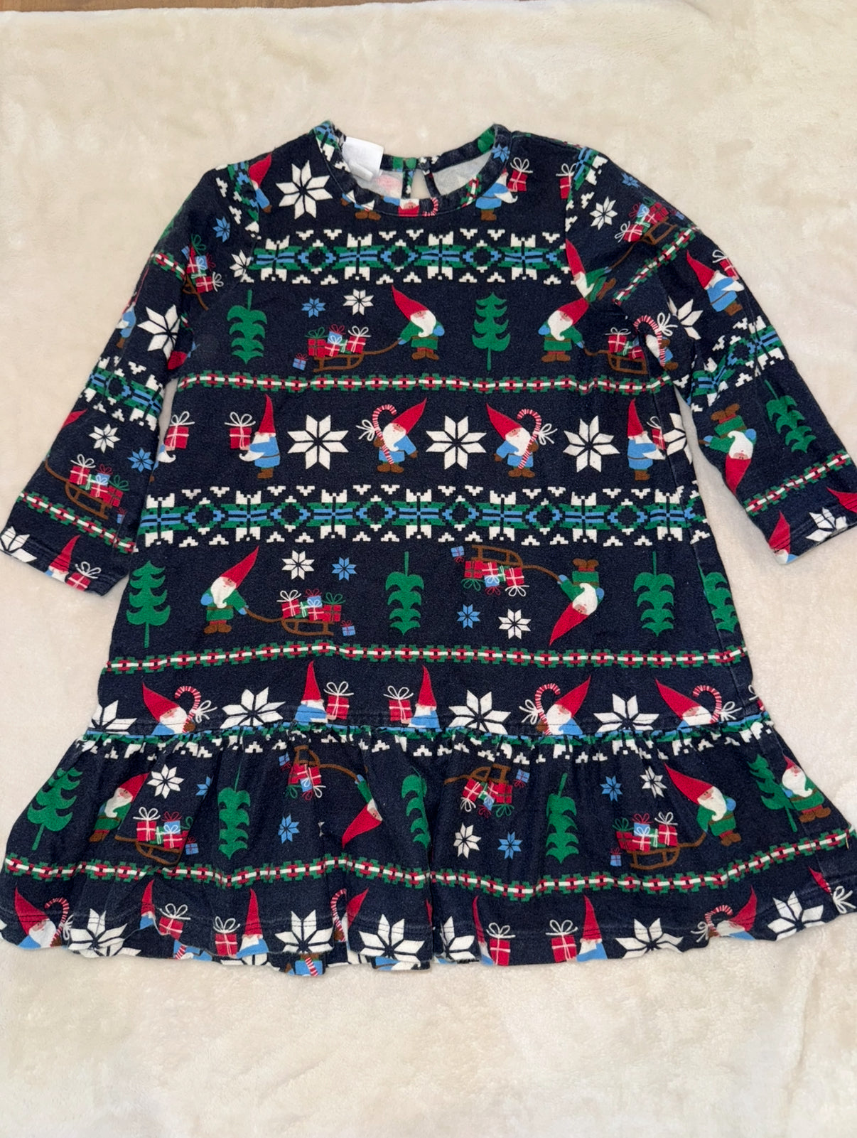 #46 Girls 4T 100cm Hanna Andersson Christmas gnome nightgown slight wash fade like typical for navy guc