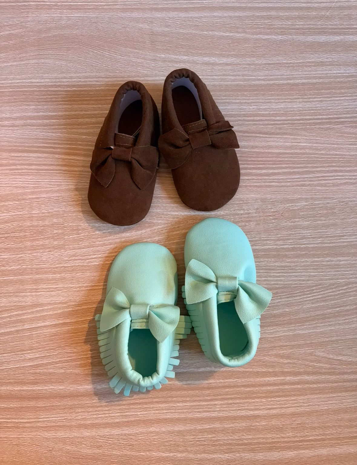 #102 Baby Girl Moccasin Shoes Brown Suede and Pleather Seafoam Green 12-18 months