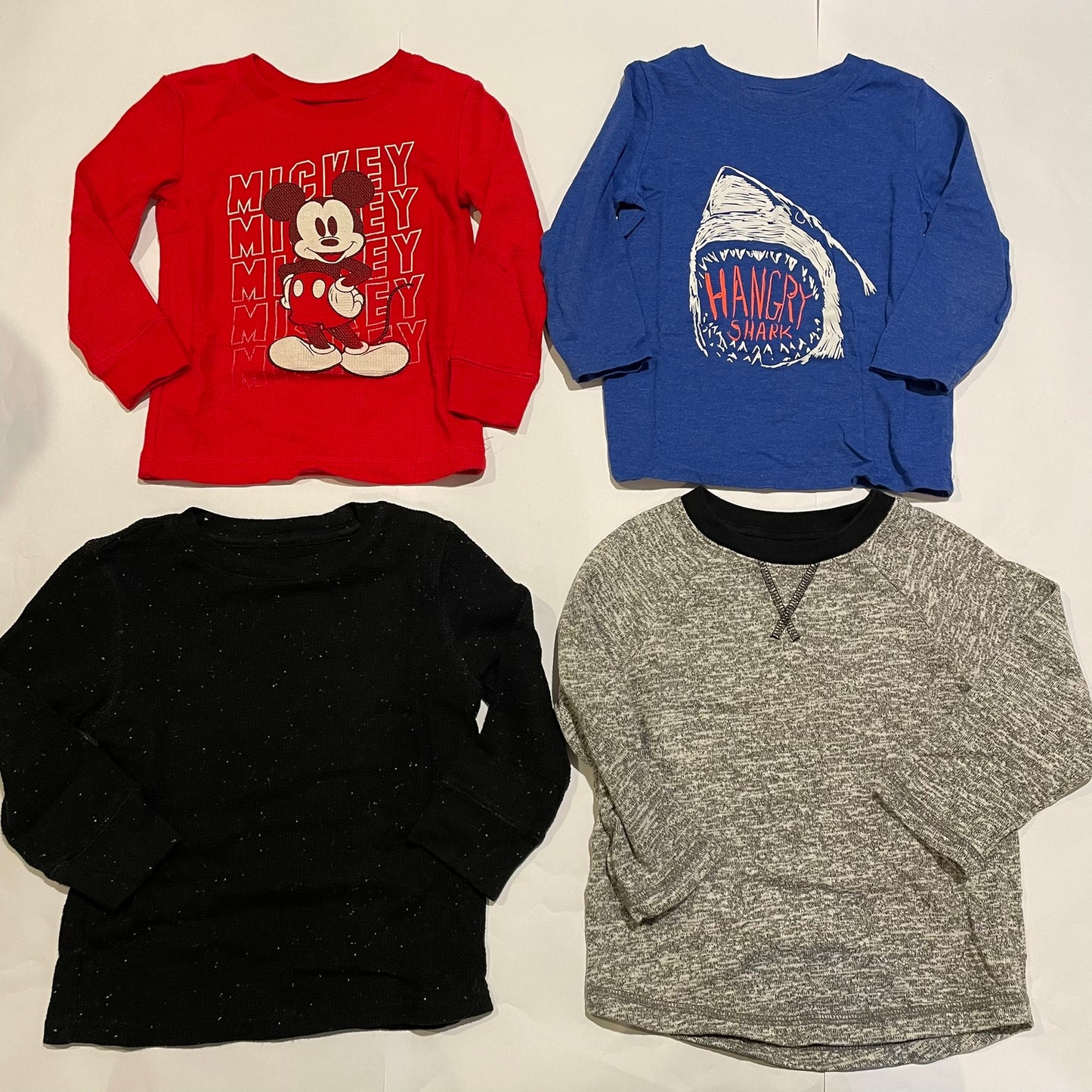 #126 Boys 2T set 4 LS Shirts (Mickey, Shark, Black, Gray) GUC