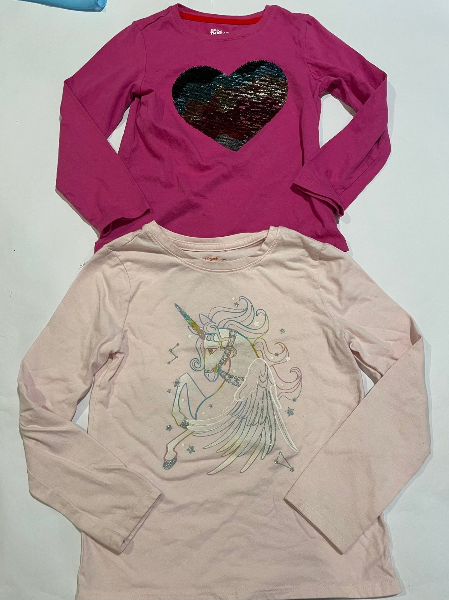 #126 Girls sz S (6-7) Set 2 LS Shirts (Pink Epic Threads, Unicorn Cat & Jack) GUC