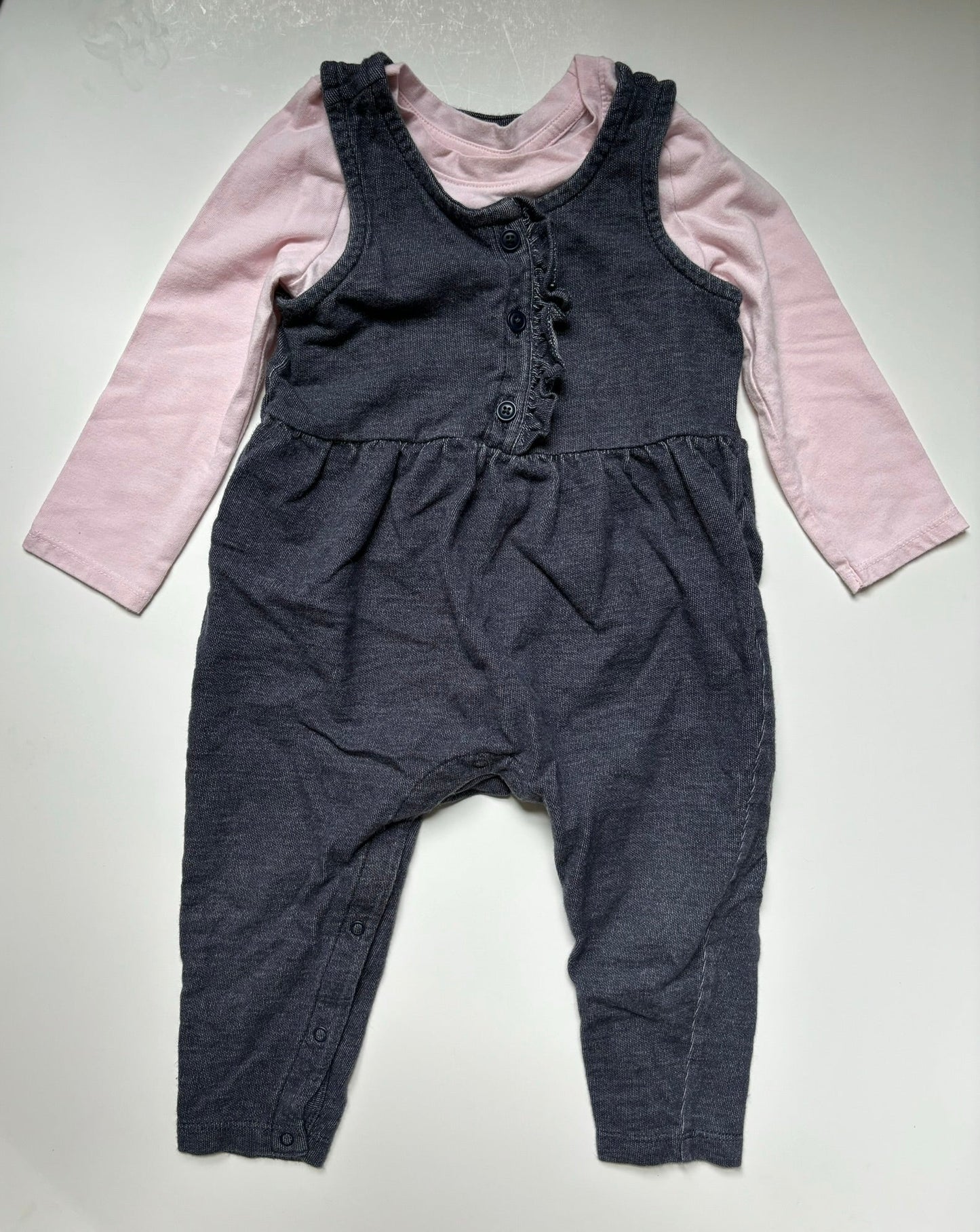 #101 *REDUCED* Tea Collection Ruffle Denim Overalls Pink Shirt Bundle Girls Size 12-18 months