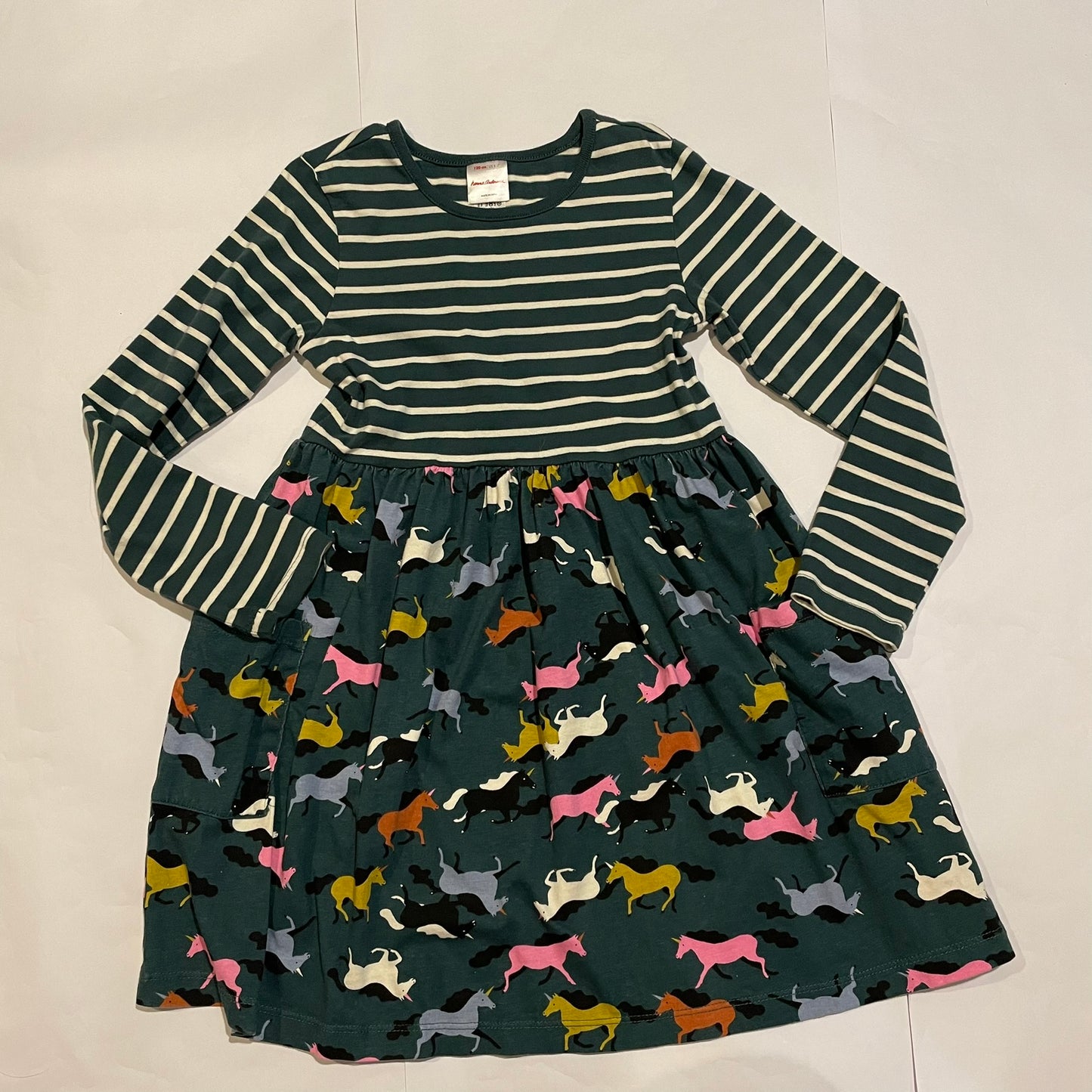 #126 Girls Hanna Andersson 120 (6-7) LS Green Horse Dress VGUC