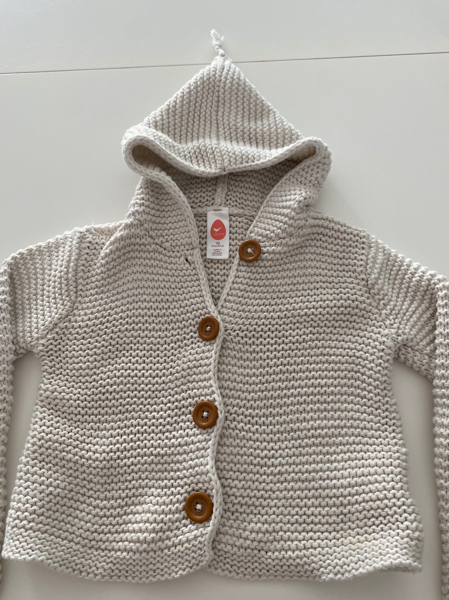#117-Girls 18M, Stem Cream Knit Cardigan, organic cotton, EUC