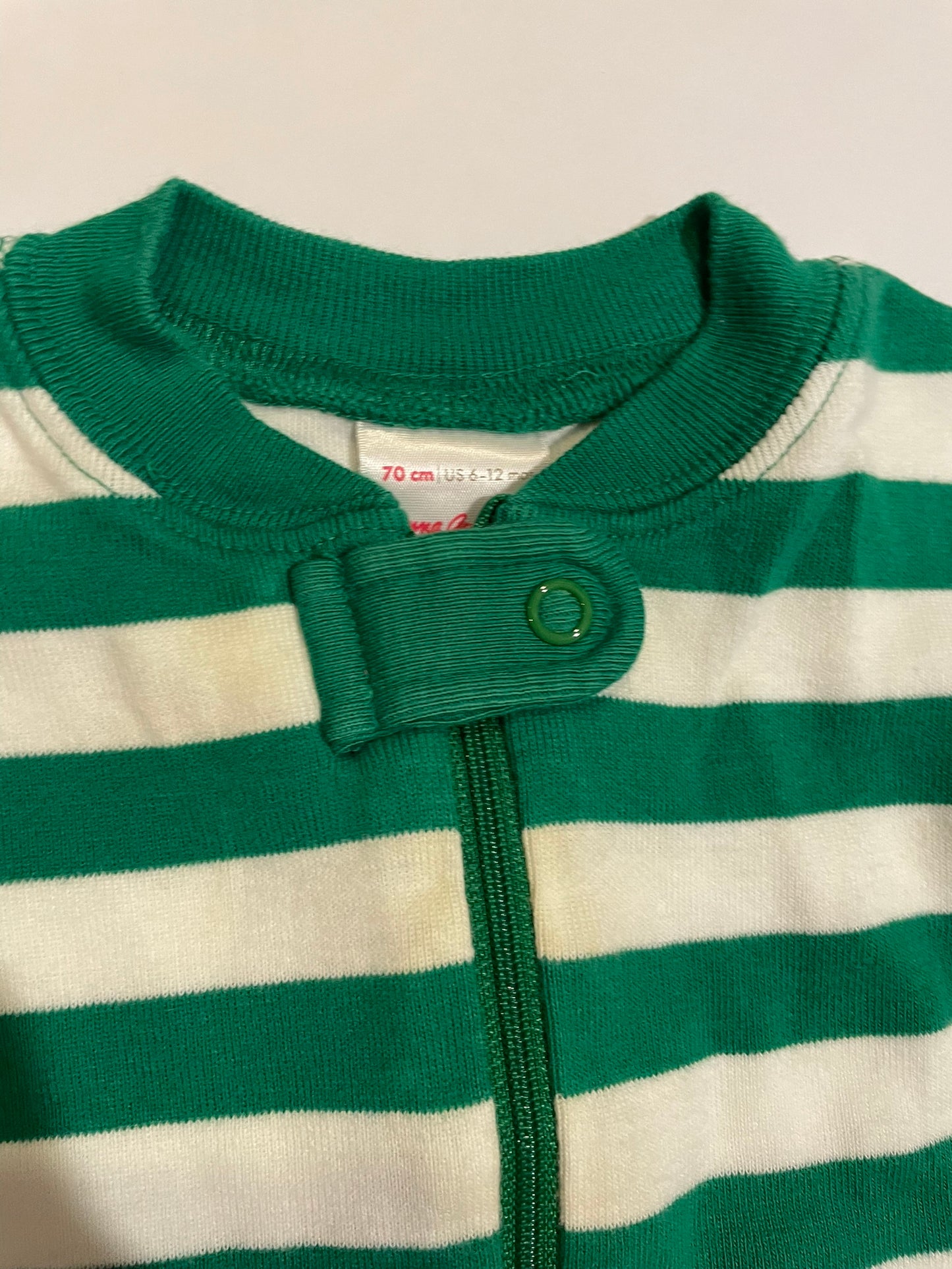 #126 Hanna Andersson 70/6-12M Green/Wht Stripe Zipper Sleeper VGUC