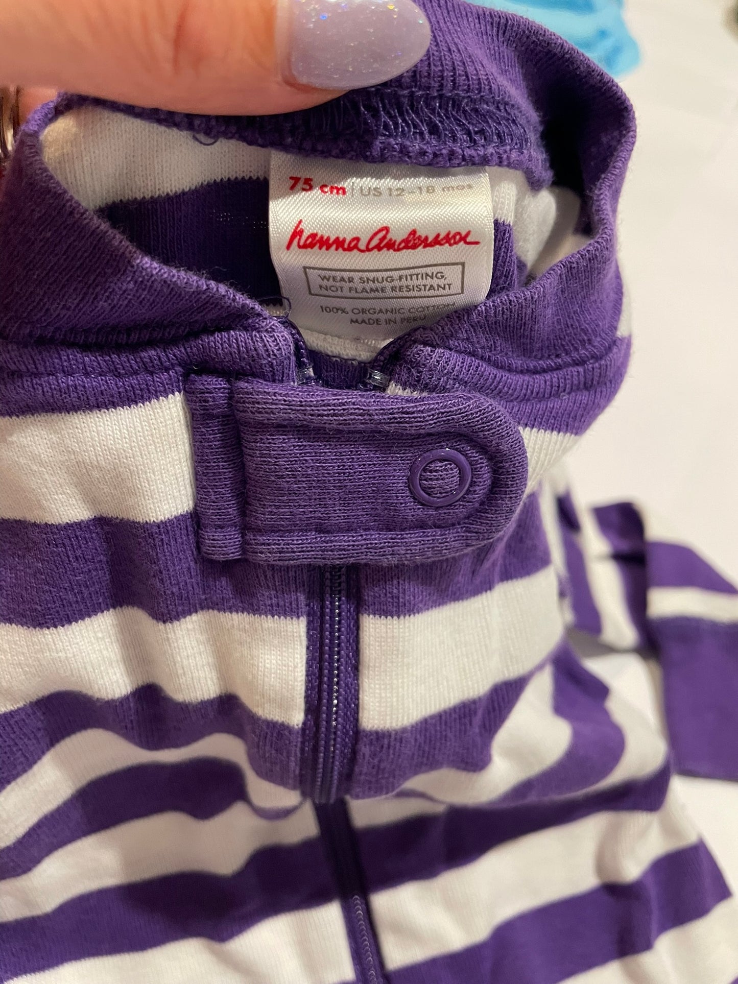 #126 Hanna Andersson 75/12-18m/18M Purple/Wht Stripe Zipper Sleeper VGUC