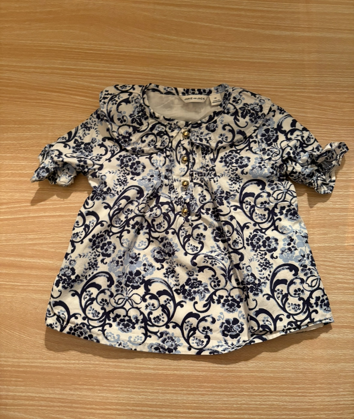 #102 Janie & Jack Girls Blue and White Floral Print Woven Top 2T
