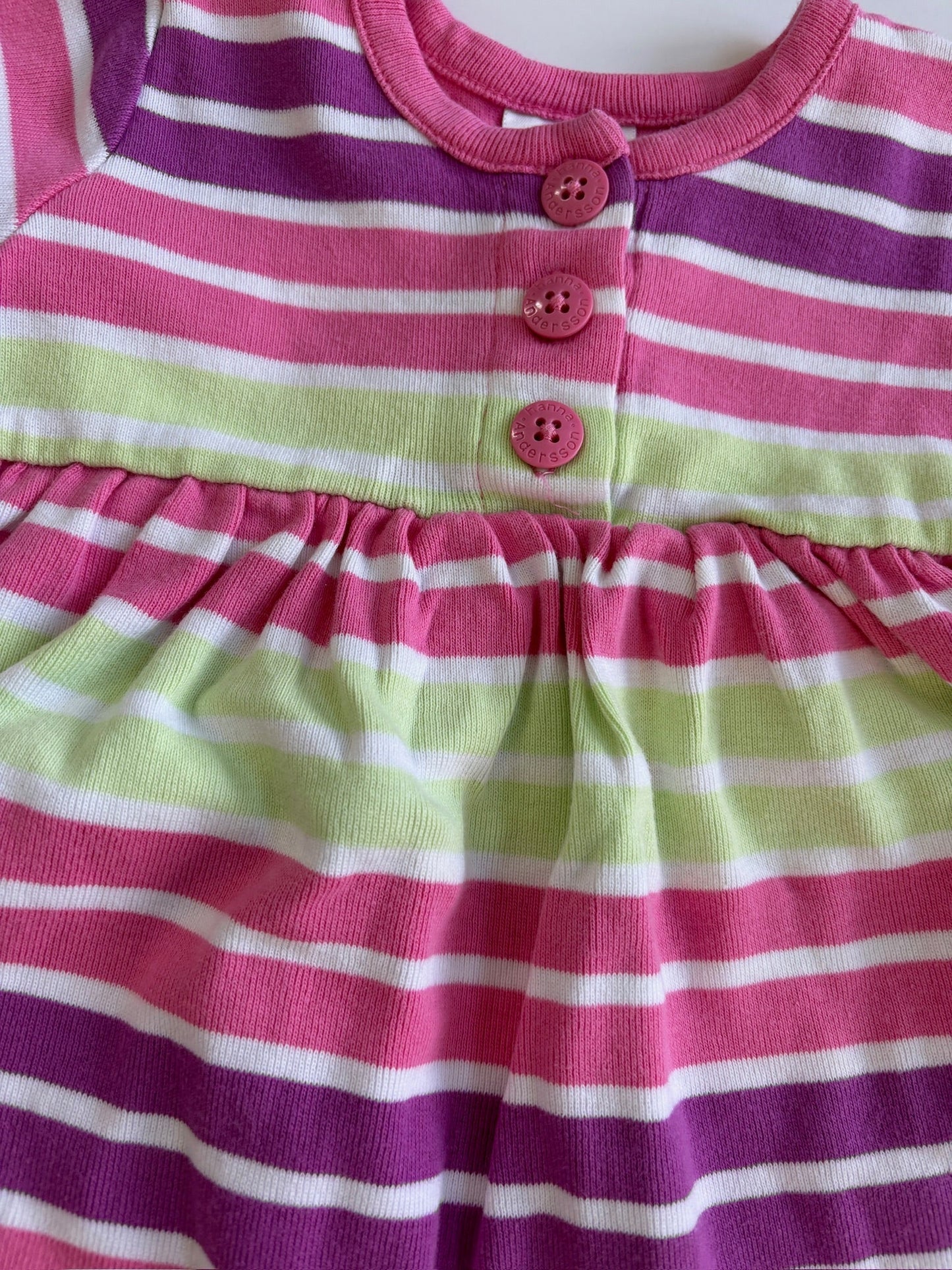 Seller #105 - Size 3-6M (60cm) Girls Hanna Andersson Pink/Purple/Green Striped Dress VGUC