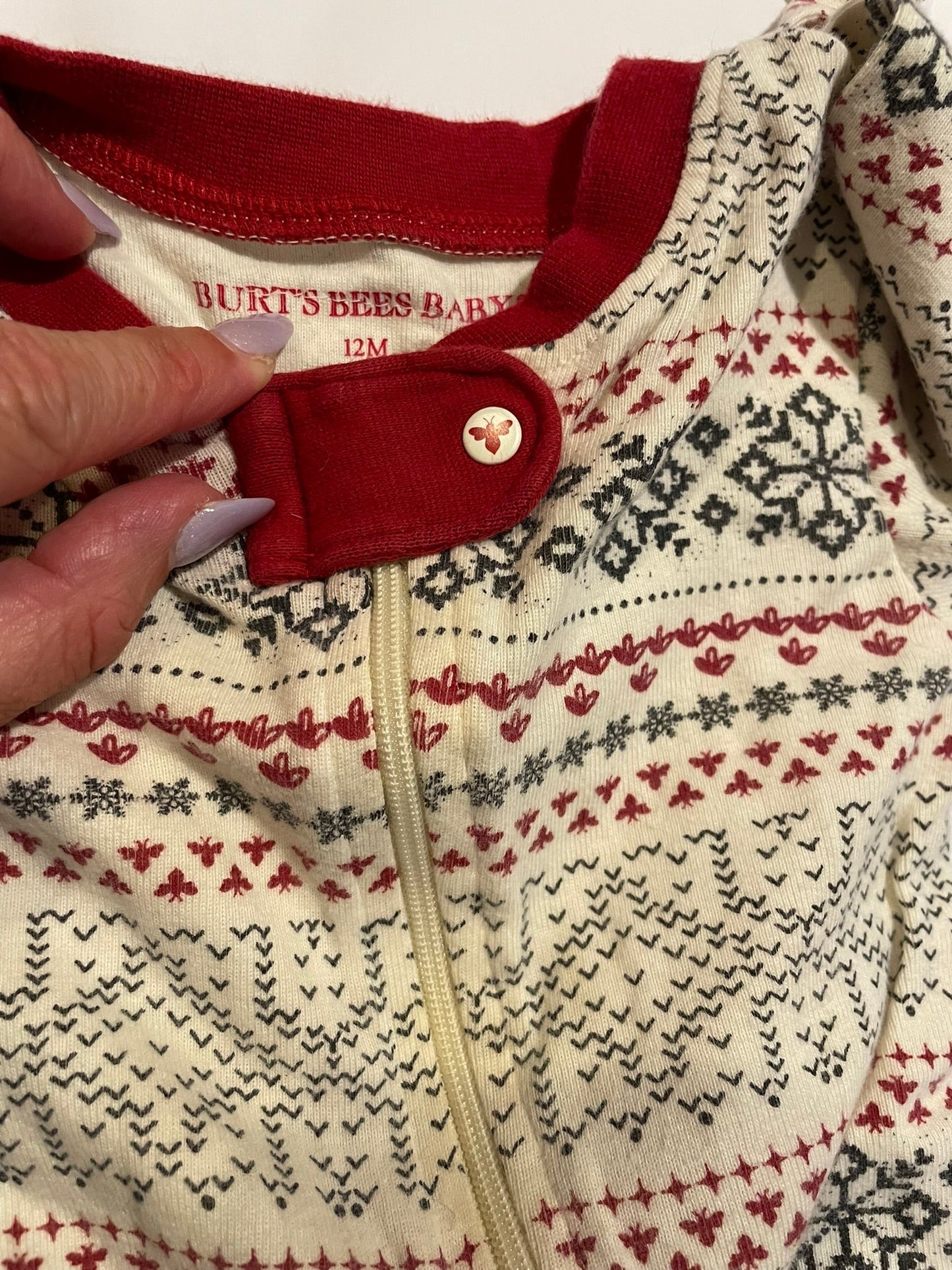 #126 Burts Bees 12M Holiday Zipper Sleeper Jammies GUC