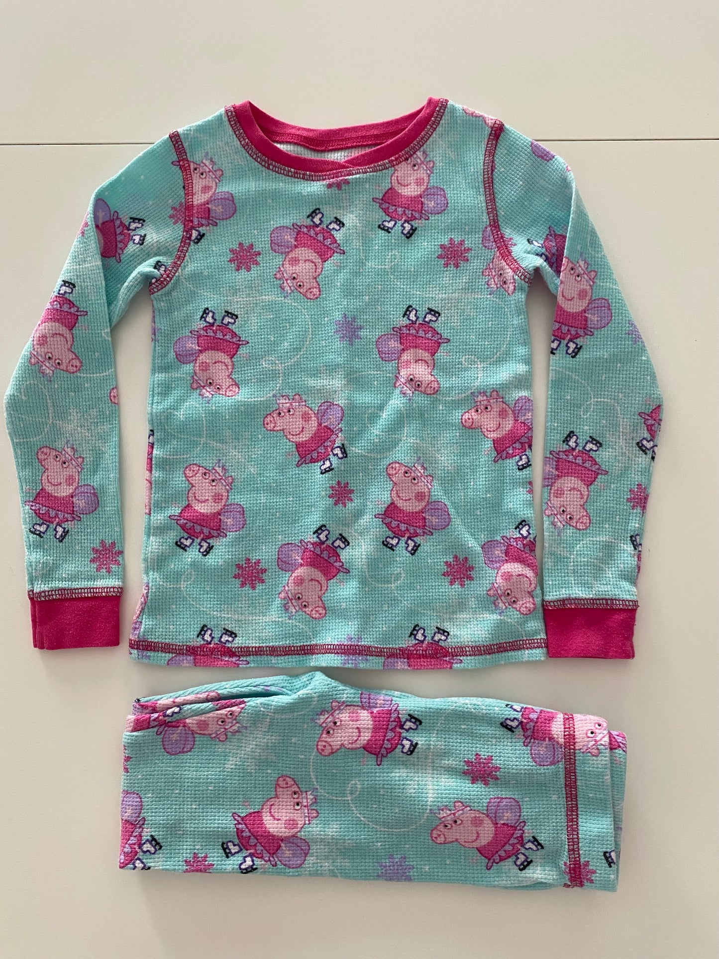 #117-Girls 4T, Peppa Pig Waffle Knit Pajamas, VGUC