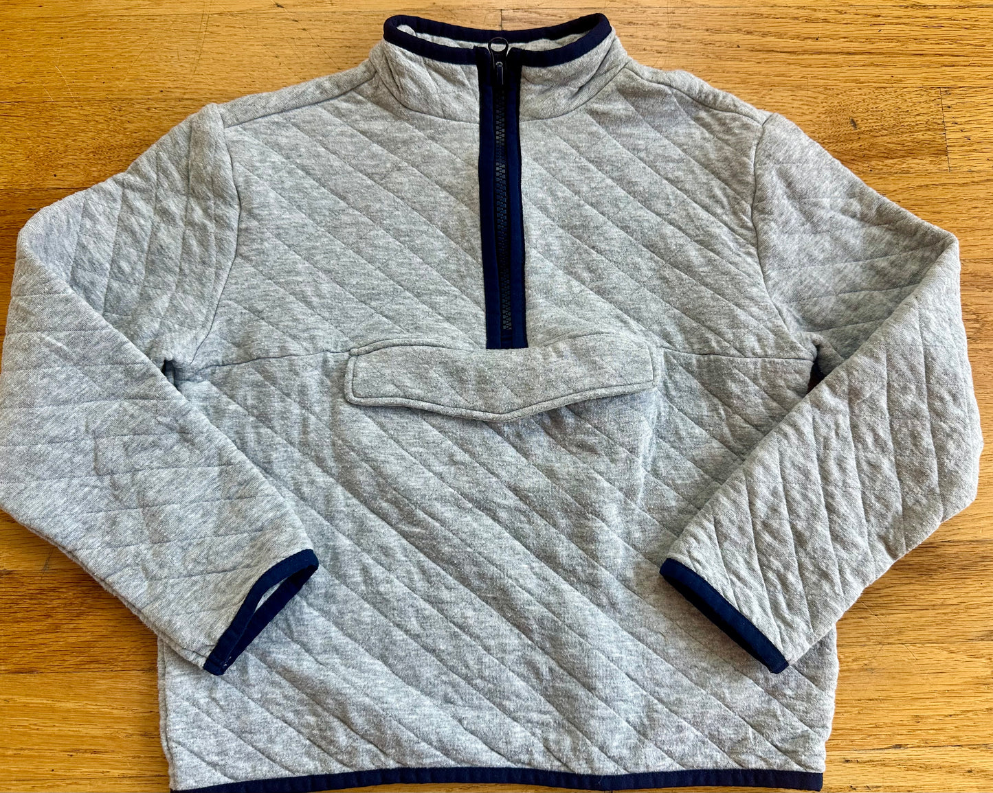 #104 Janie and Jack boy 6 quilted 1/2 zip sweater with front Velcro pocket and navy trim
