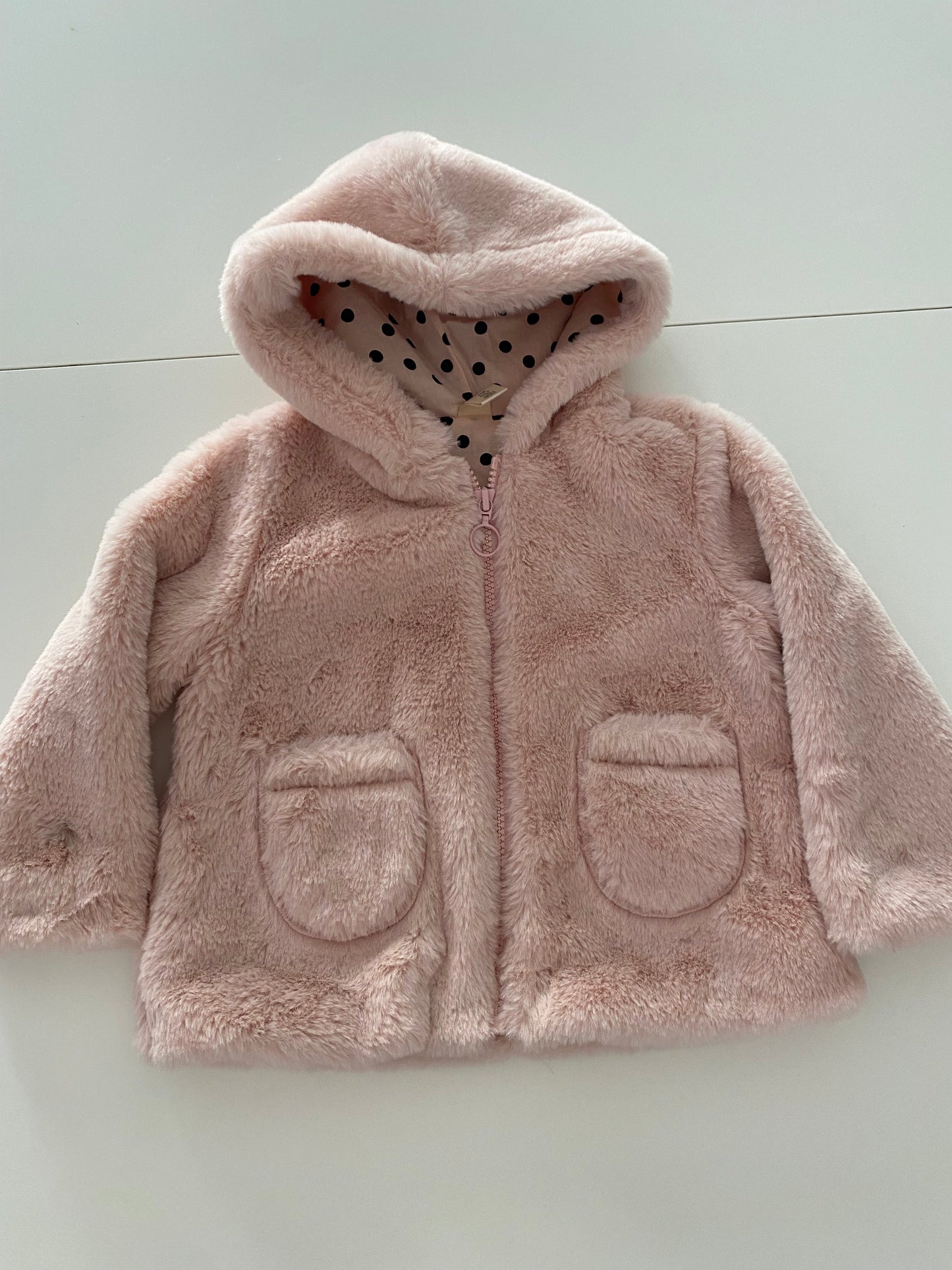 #117-Girls 24M, Tucker + Tate Pink Fur Coat, polka dot liner, EUC