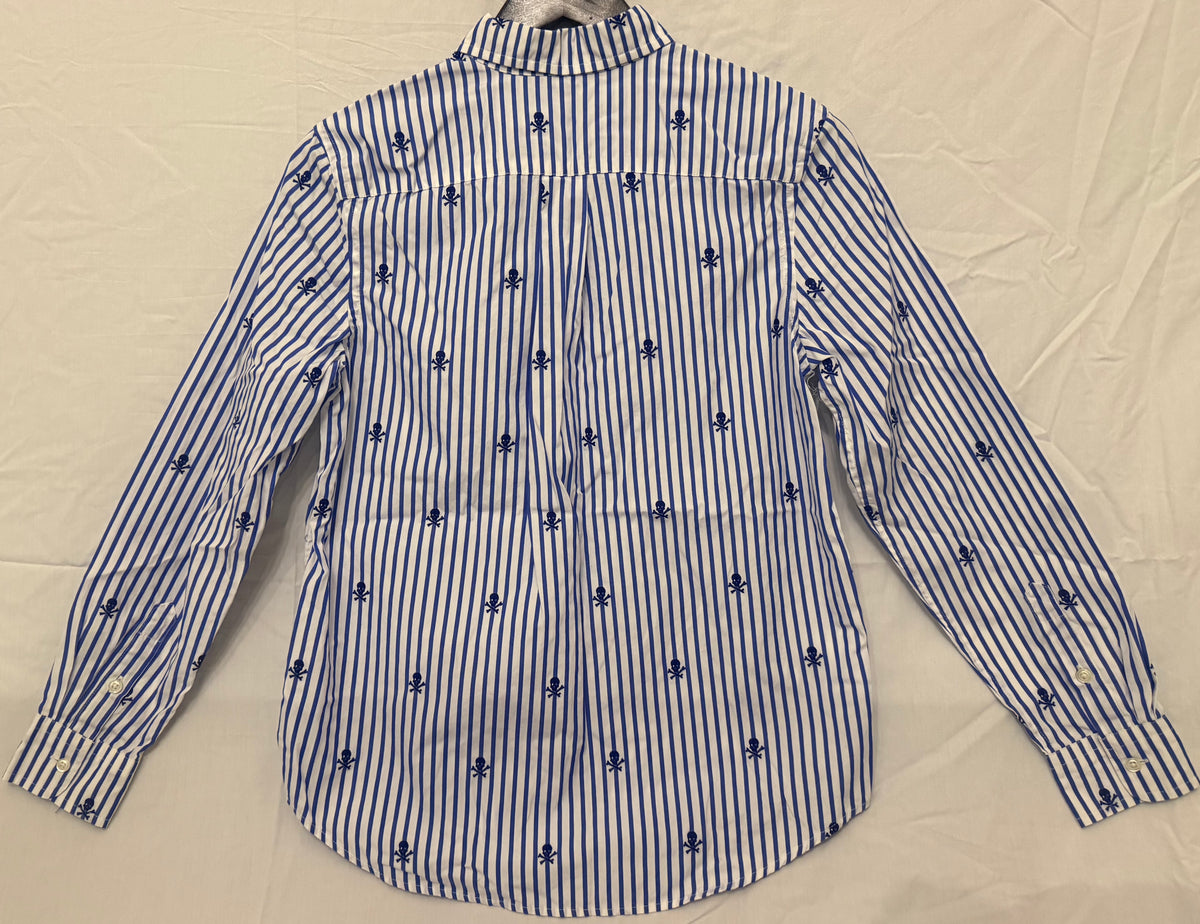 #143 Ralph Lauren button down collared shirt boys size large 14/16 stripes with skull and crossbones stitching