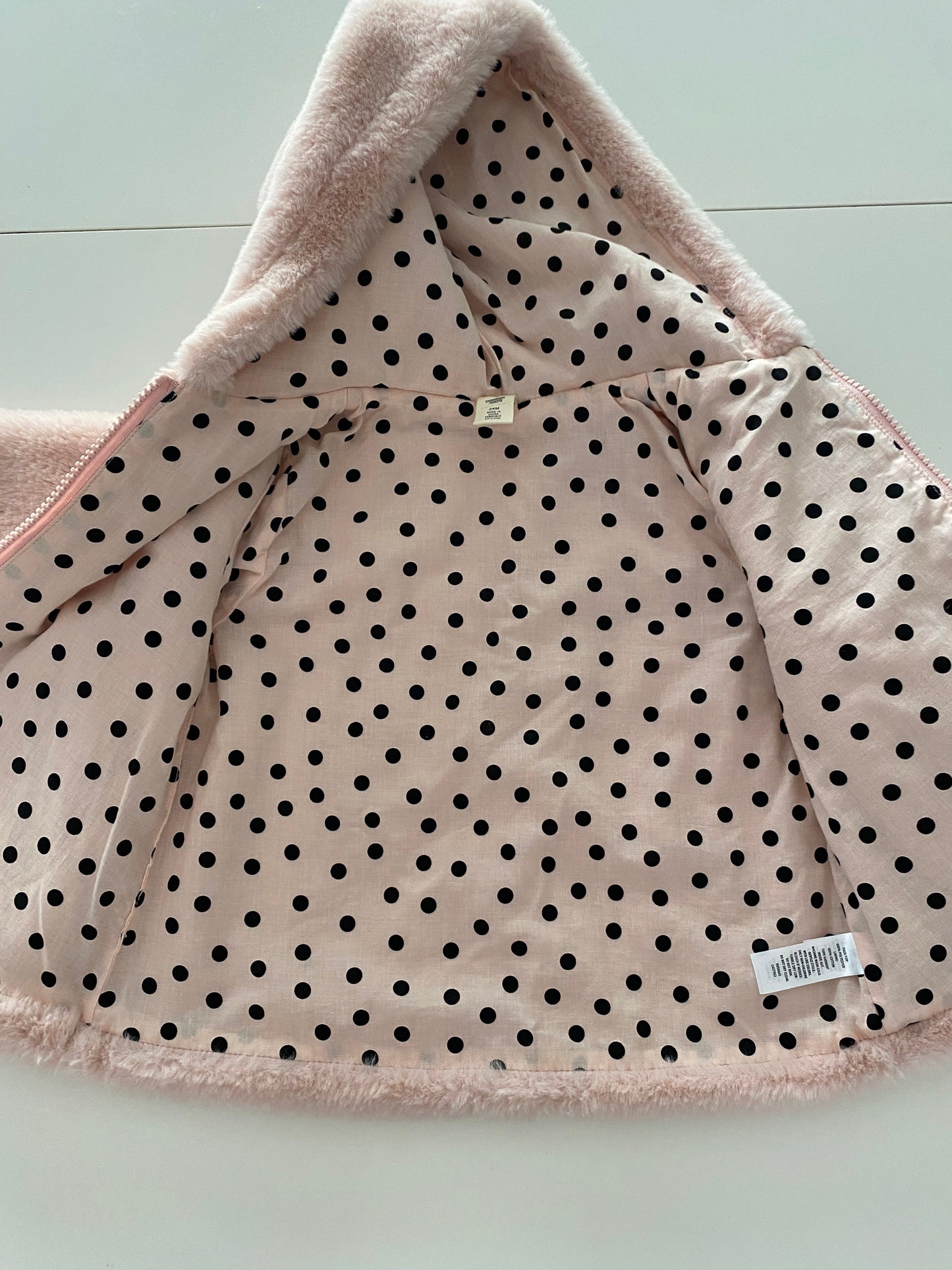 #117-Girls 24M, Tucker + Tate Pink Fur Coat, polka dot liner, EUC