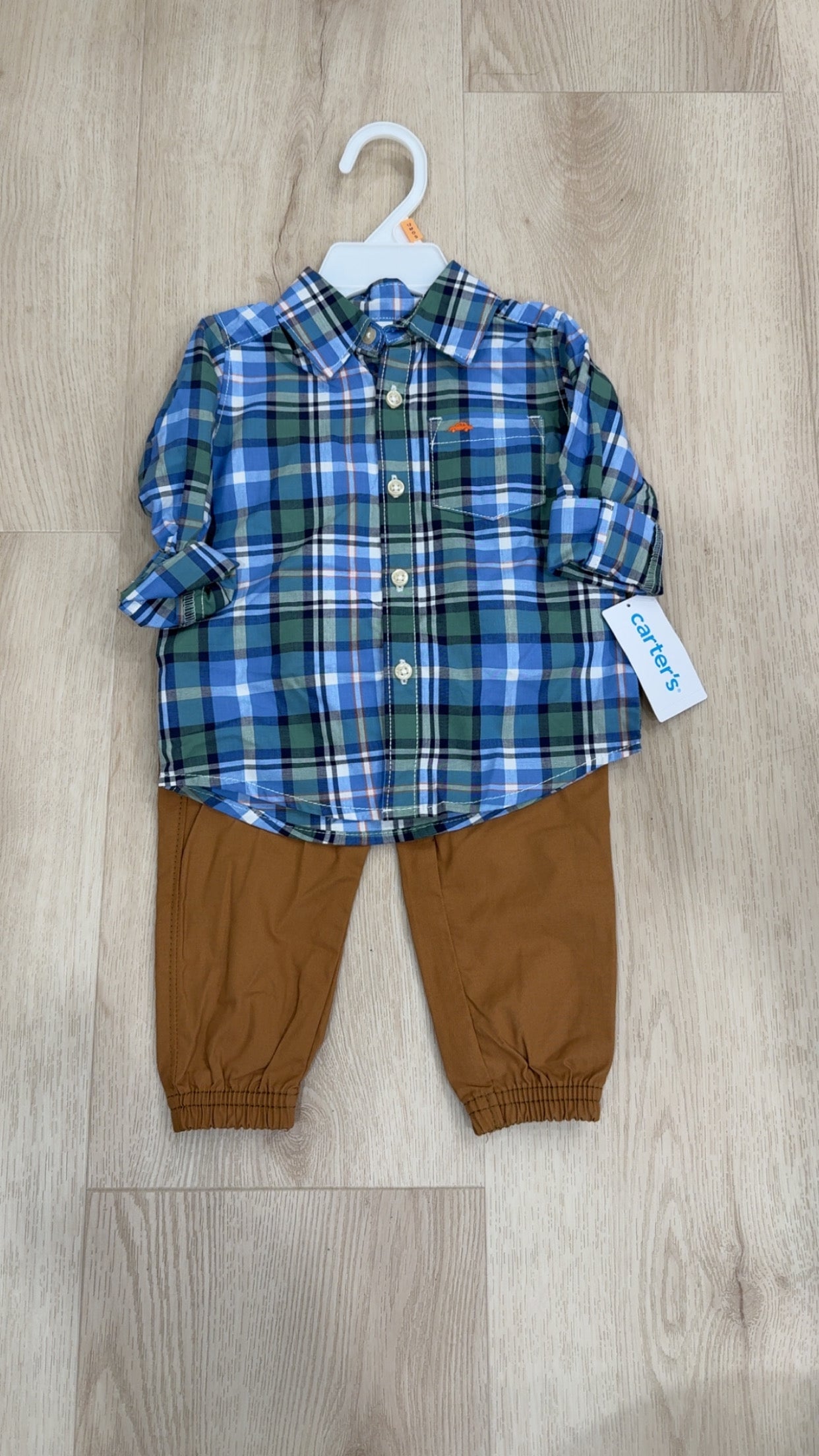 REDUCED! #49 boys Carters plaid/khaki outfit 12 months NWT