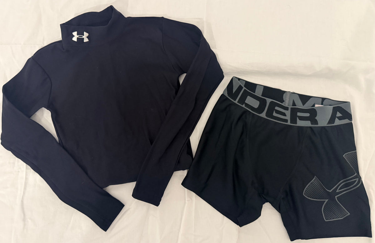 #143 Under Armour heat gear compression lot shirt and shorts boys size small (S)