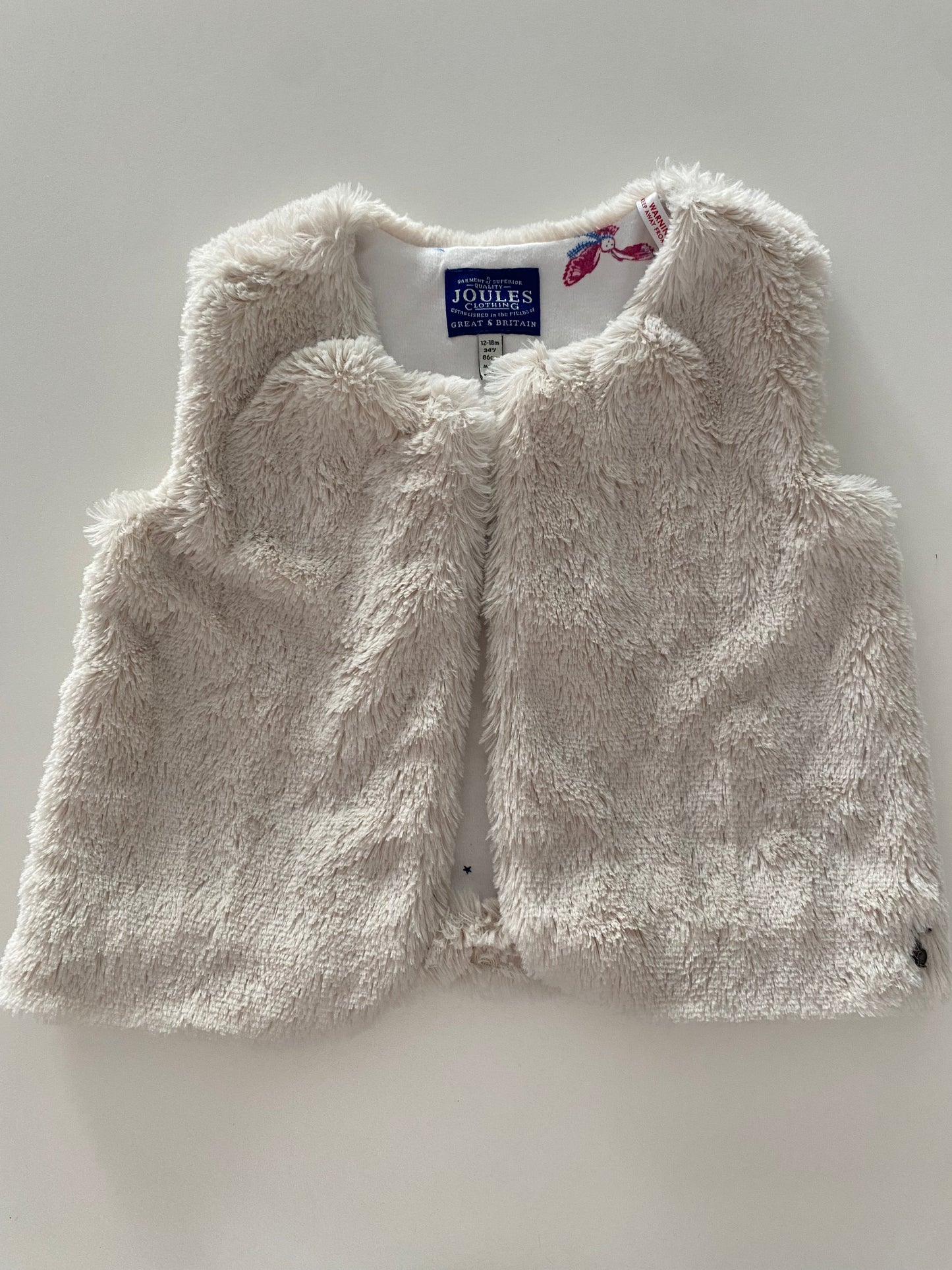 #117- Girls 18M, Joules white faux fur vest, EUC