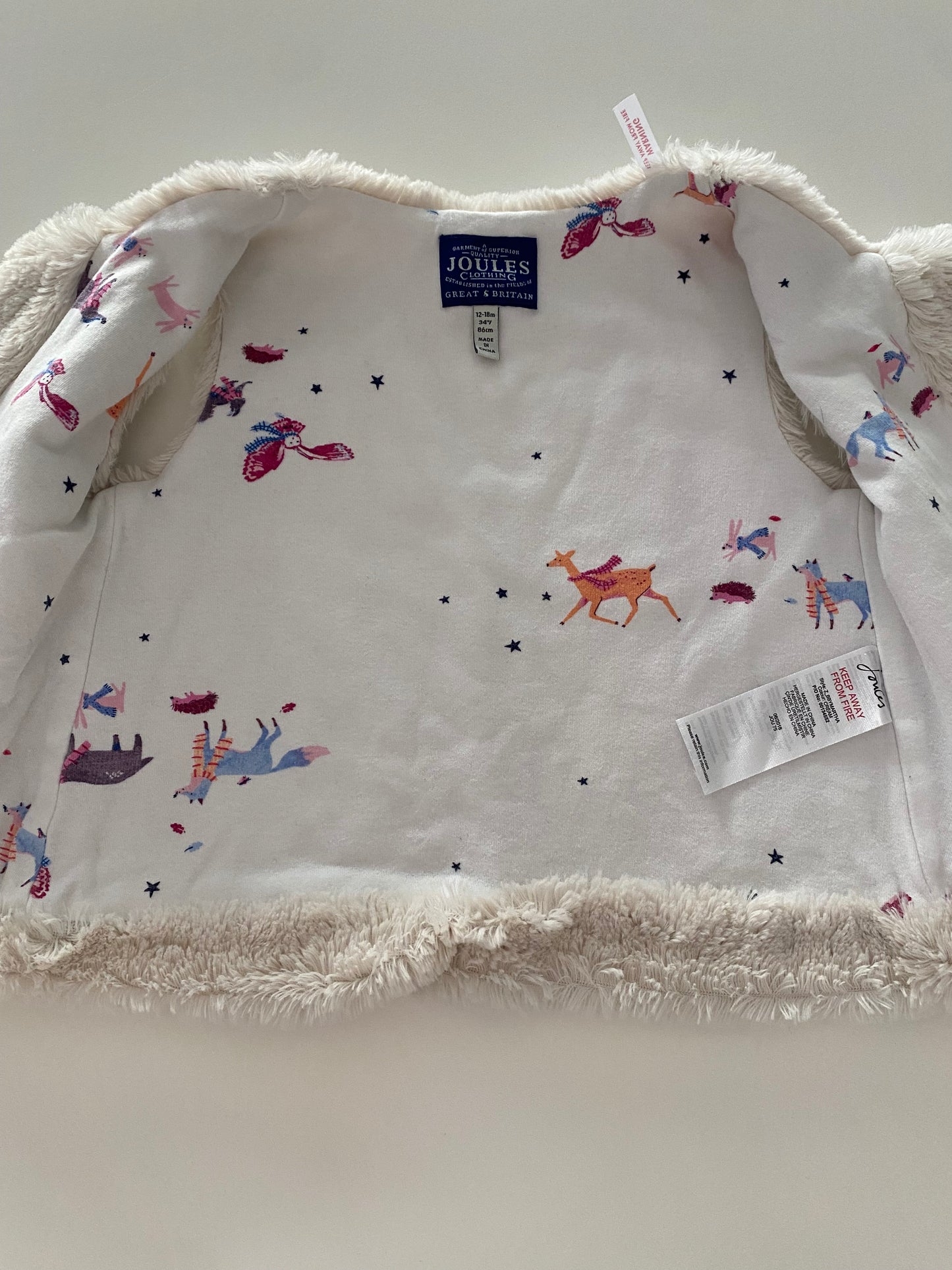 #117- Girls 18M, Joules white faux fur vest, EUC