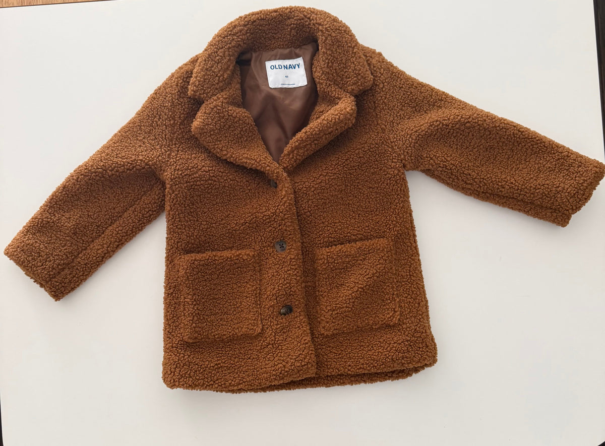 #117, Girls 4T, Old Navy brown teddy coat, GUC