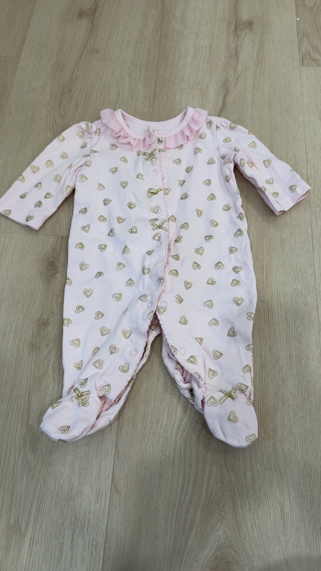 REDUCED! #49 girls Little me pink with gold hearts sleeper 3 months VGUC