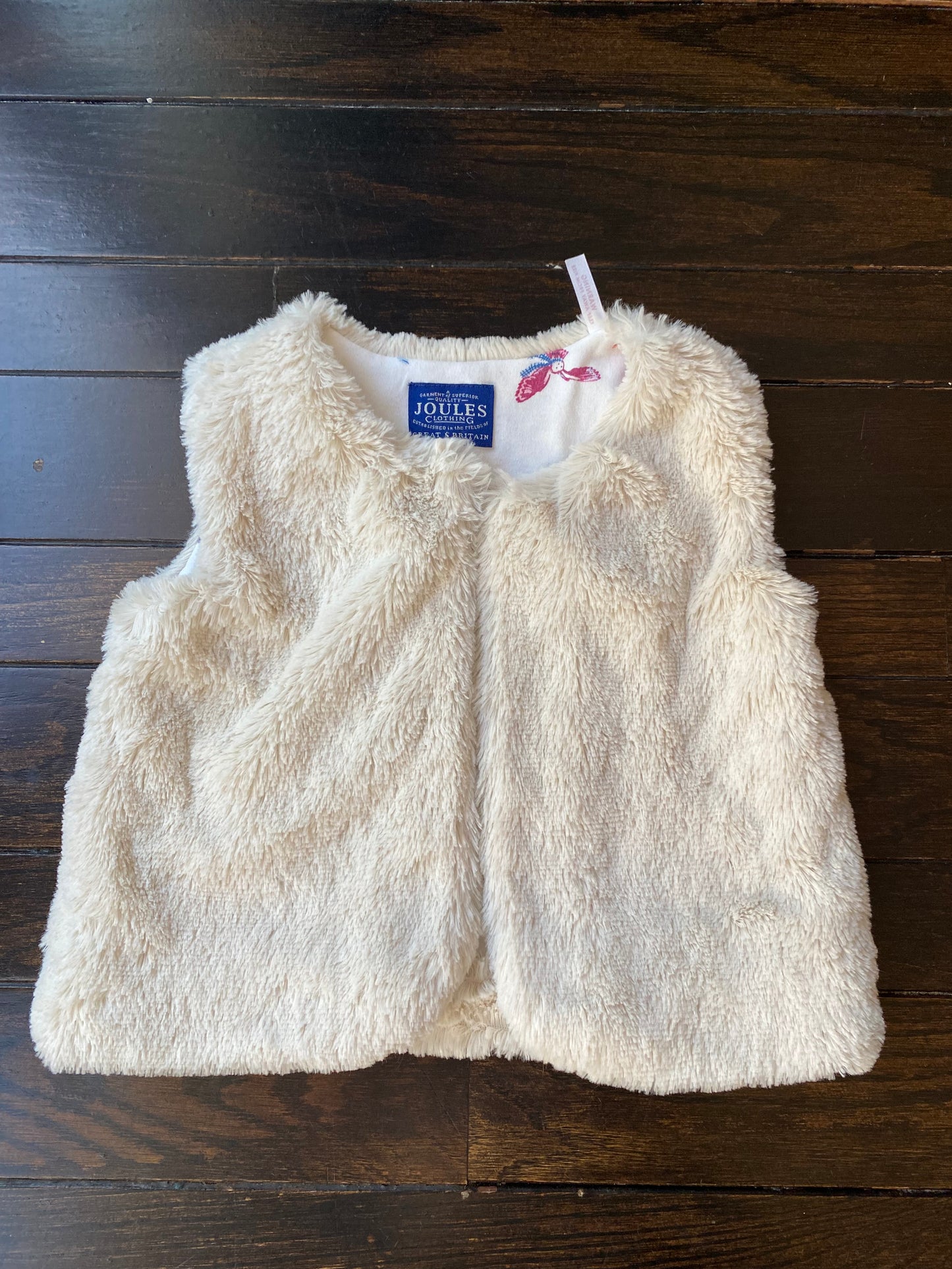 #117- Girls 18M, Joules white faux fur vest, EUC