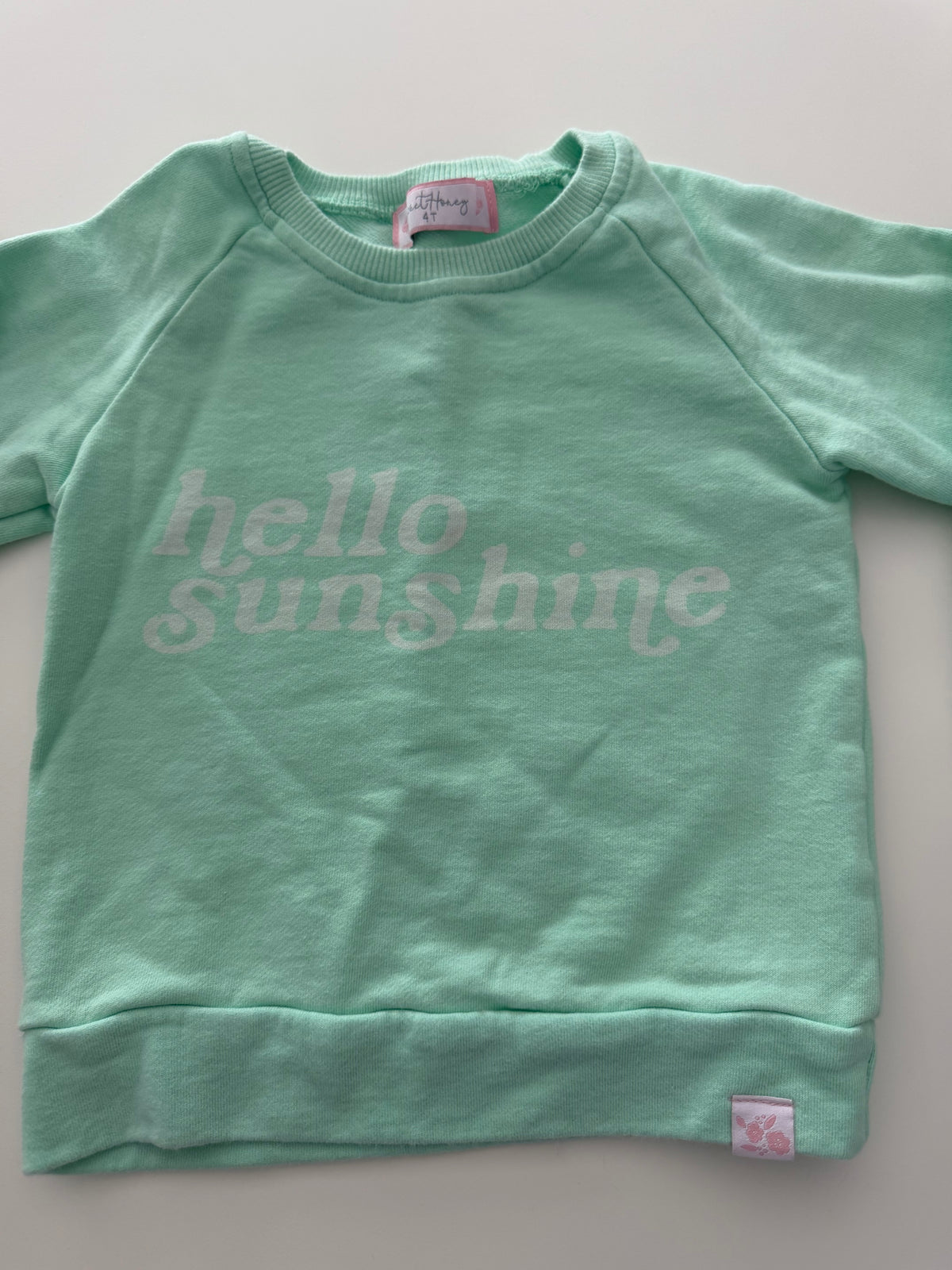 #117, Girls 4T, SweetHoney ’hello sunshine’ mint green sweatshirt, VGUC