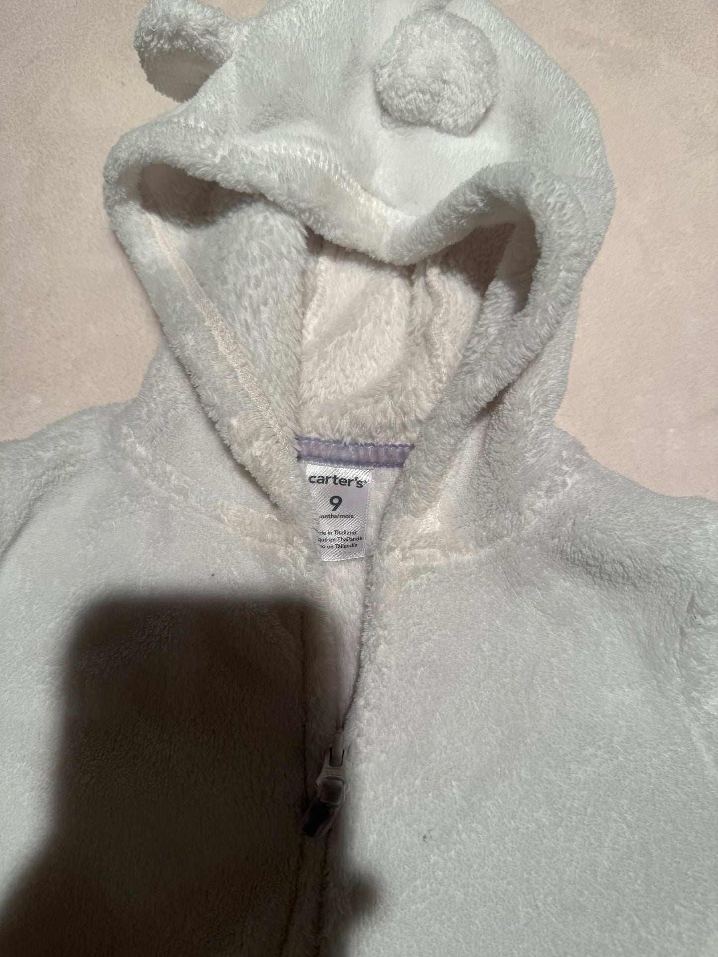 136 EUC carters bear hooded fleece white 9 m
