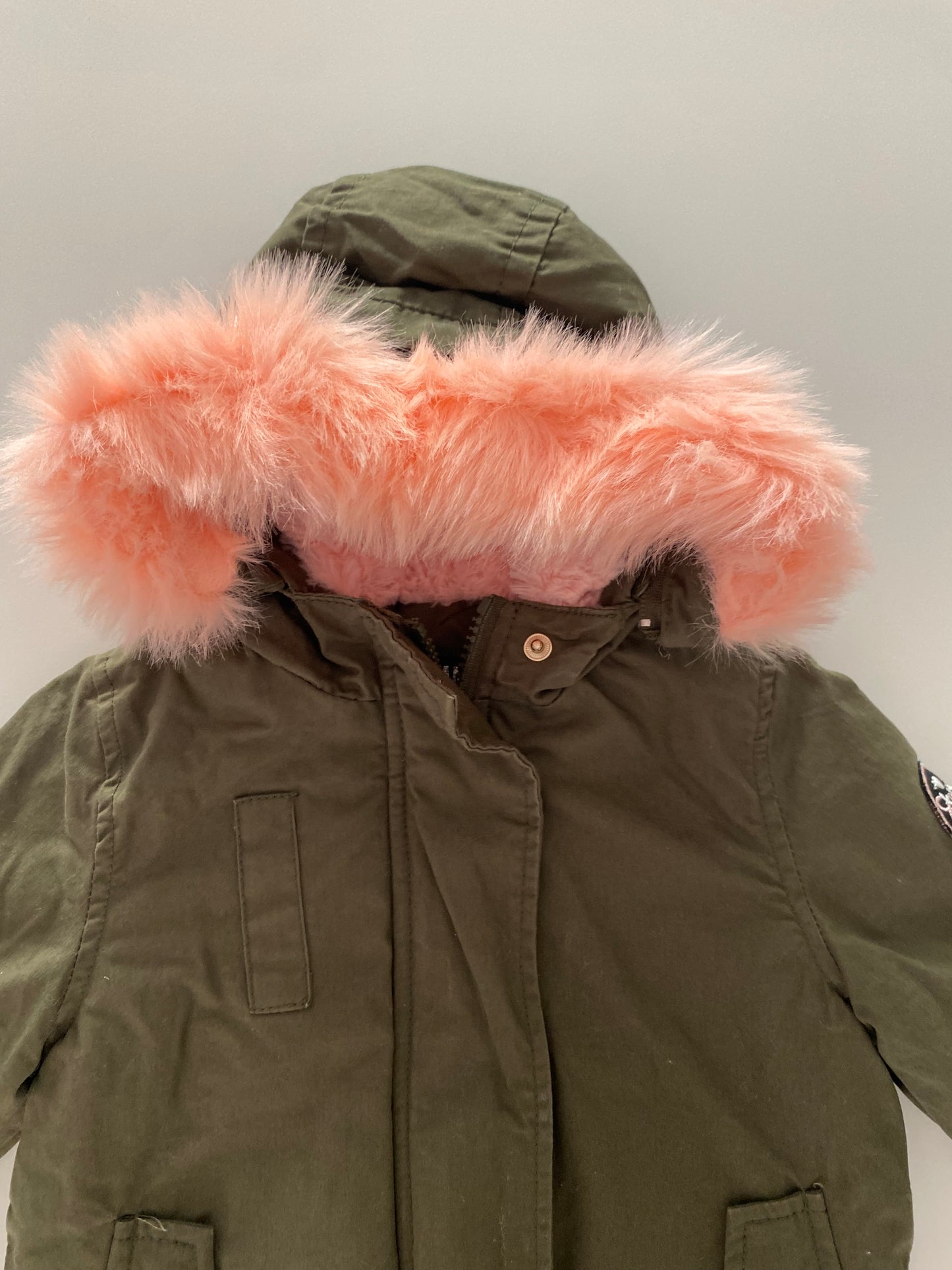 #117-Girls 18M, Steve Madden Green Coat, pink faux fur lined hood, GUC