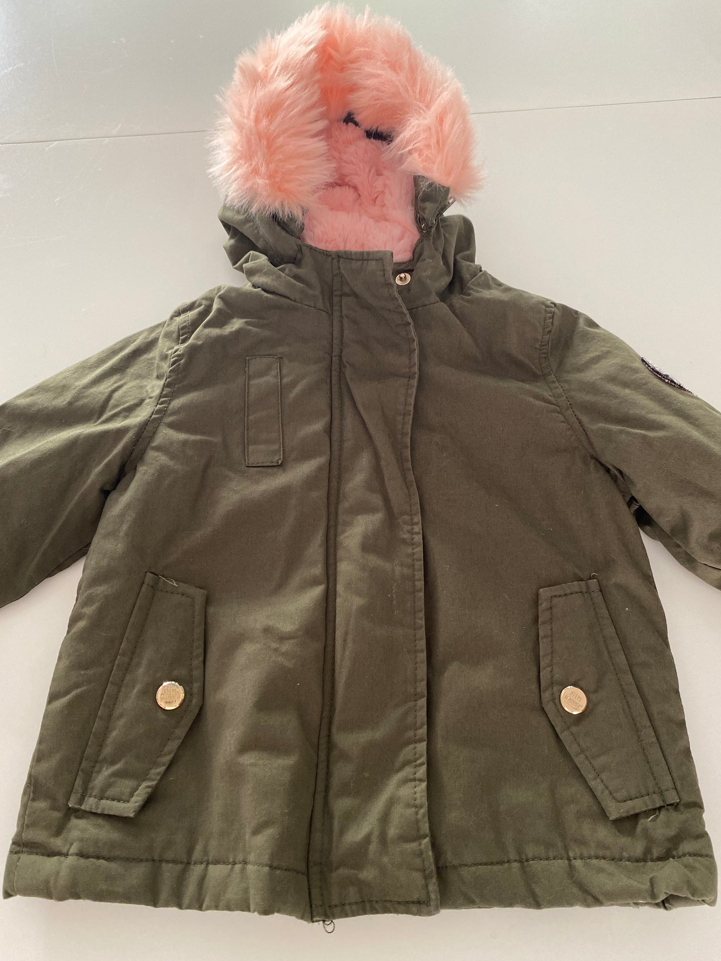 #117-Girls 18M, Steve Madden Green Coat, pink faux fur lined hood, GUC