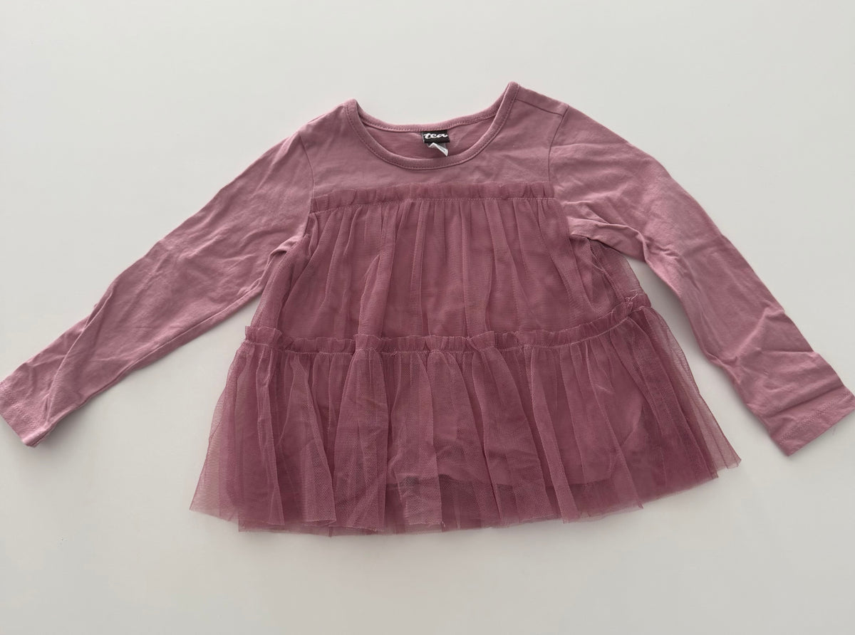 #117, Girls 24M, Tea rose pink tulle shirt, VGUC