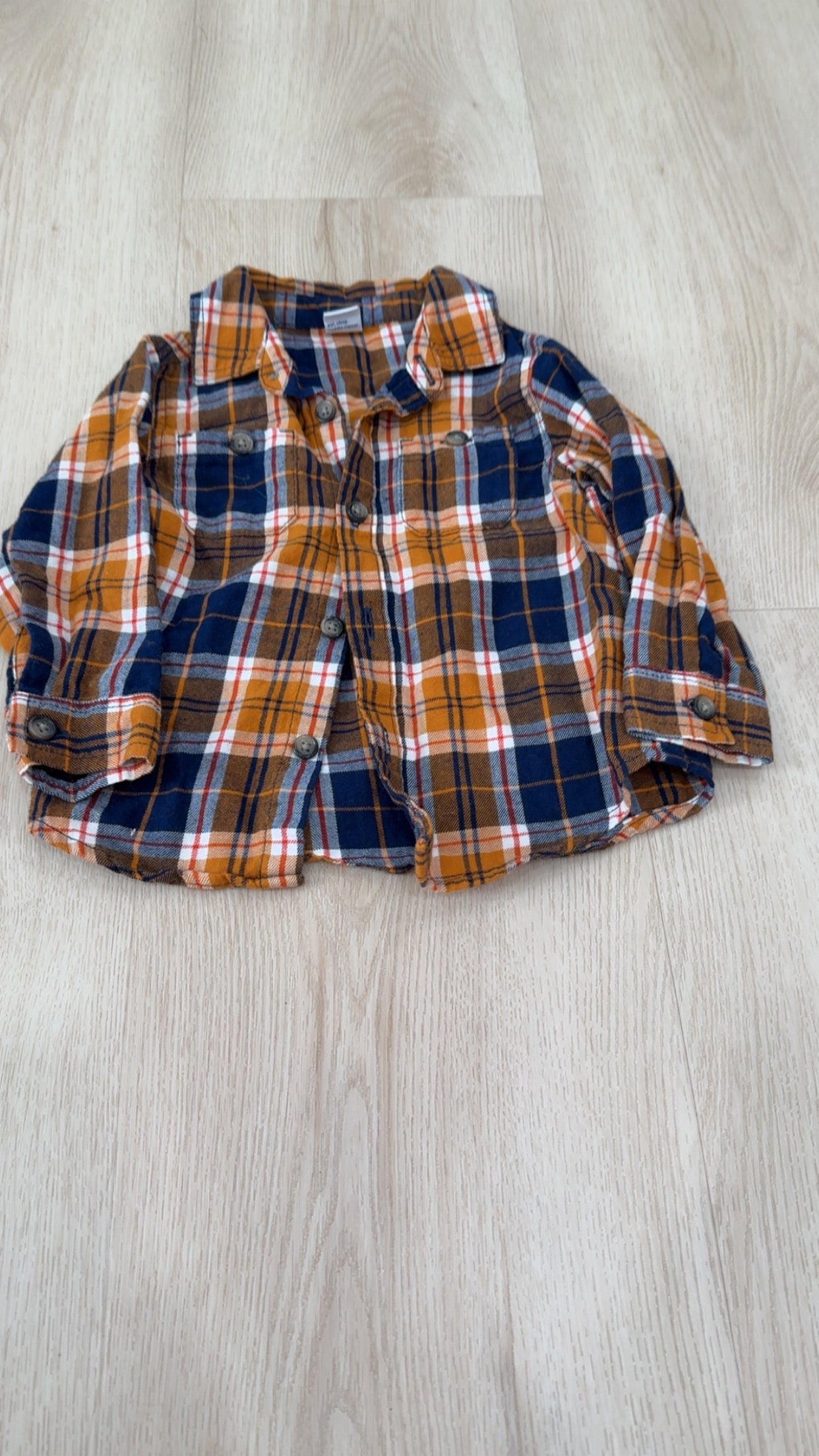 REDUCED! #49 boys Old Navy navy/orange plaid button down 12-18 months VGUC