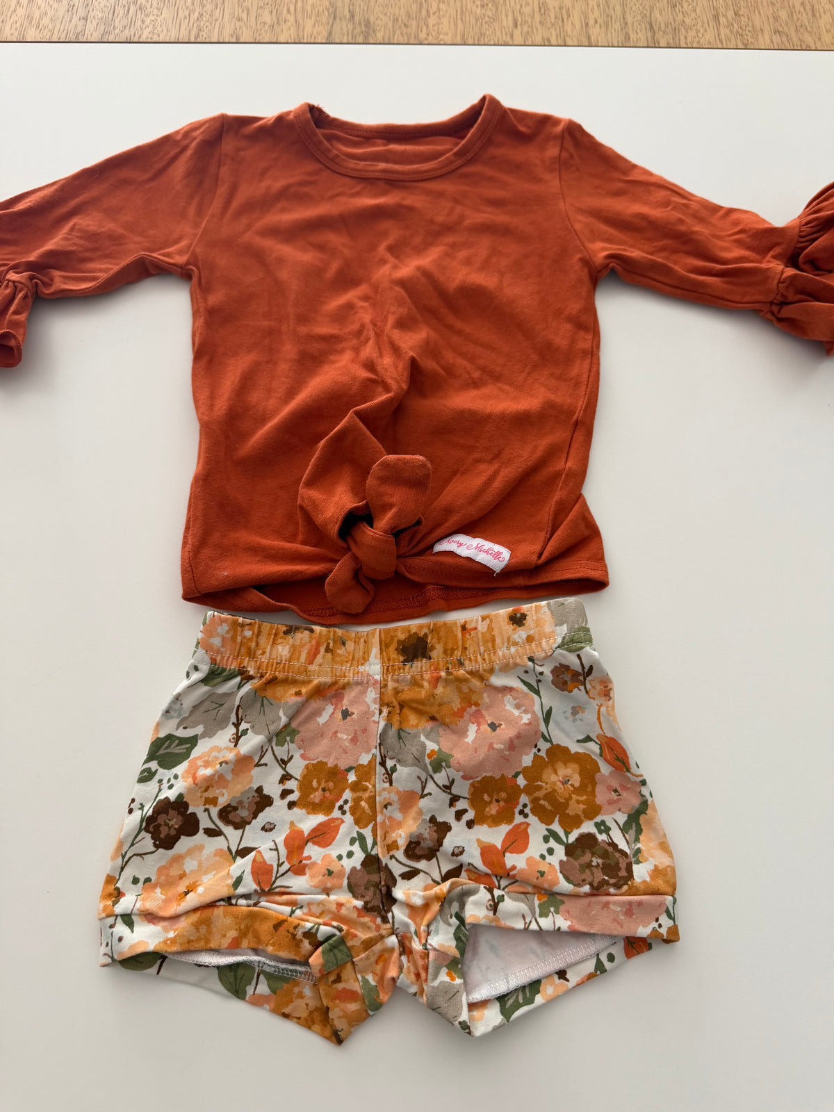 #117, Girls 18M, SweetHoney golden flower shorts & burnt orange shirt, VGUC