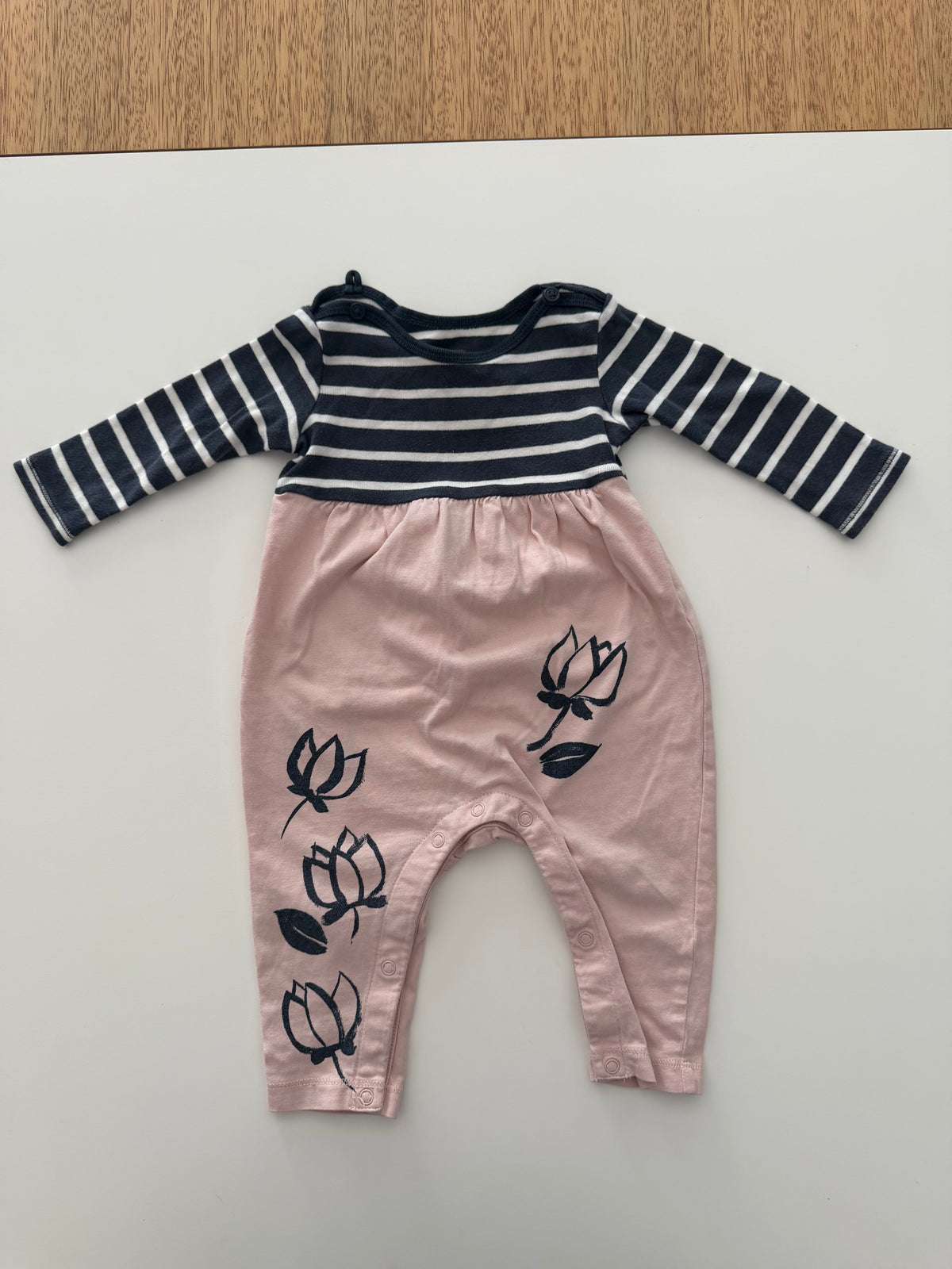 #117, Girls 6M, Tea Navy & Pink romper, GUC