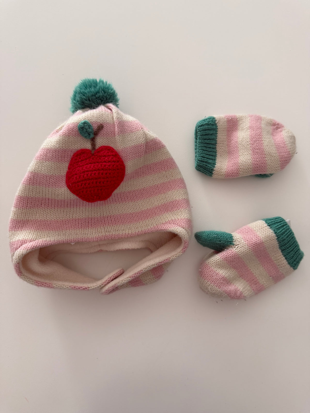 #117, Girls 24M, Boden pink/white striped apple hat & gloves, GUC