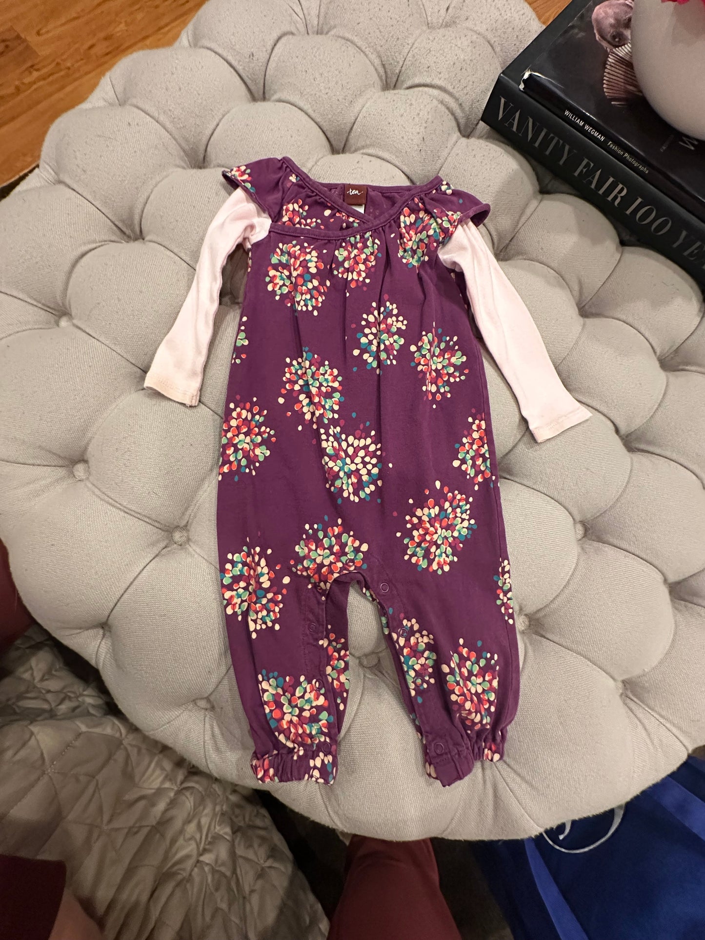 #85 REDUCED Tea Collection purple firework romper, infant girls 6-12m